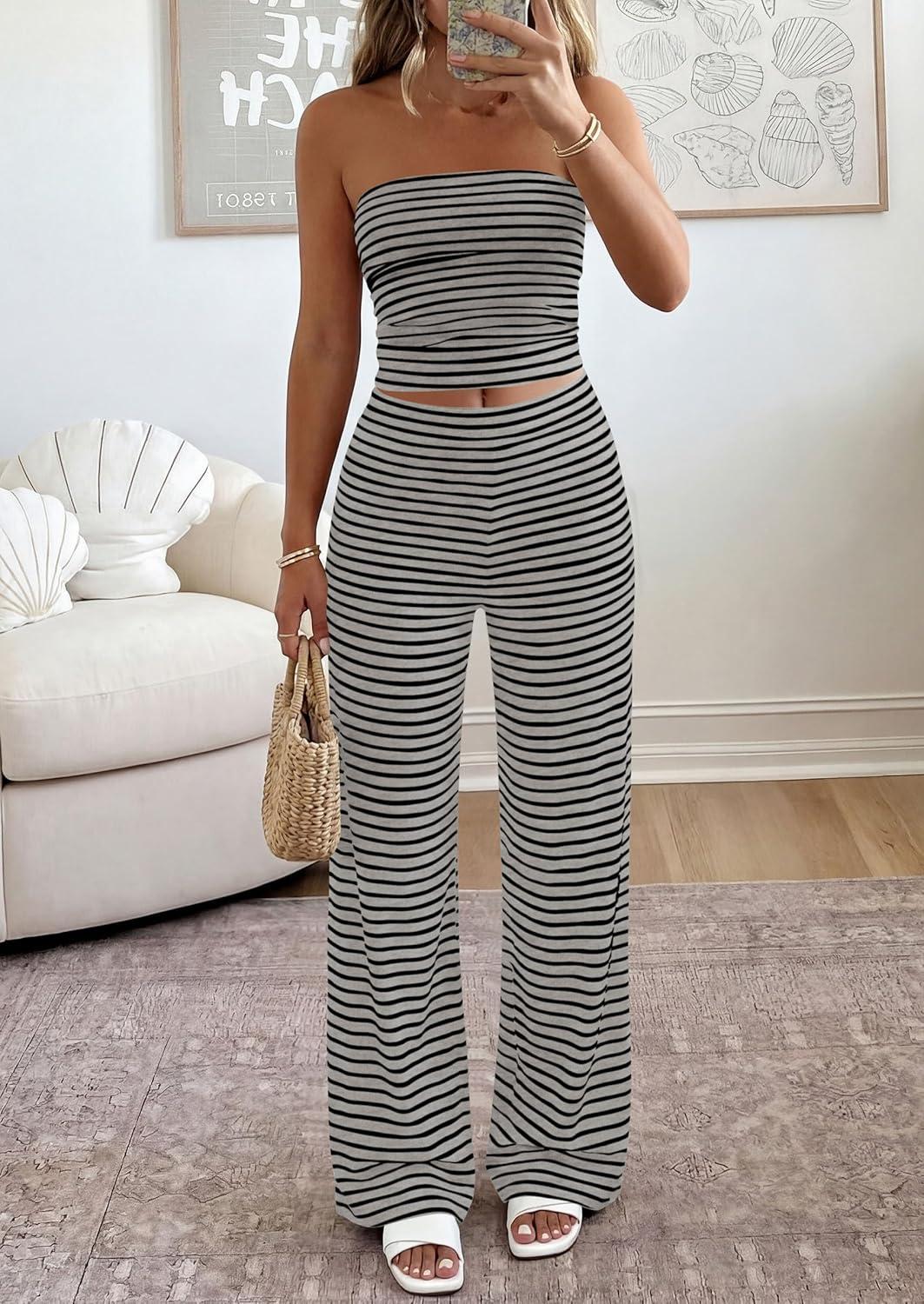 imagePRETTYGARDEN Summer Sets Women 2 Piece Outfits 2026 Matching Striped Loungewear Spring Airport Travel Beach Vacation ClothesGrey Black