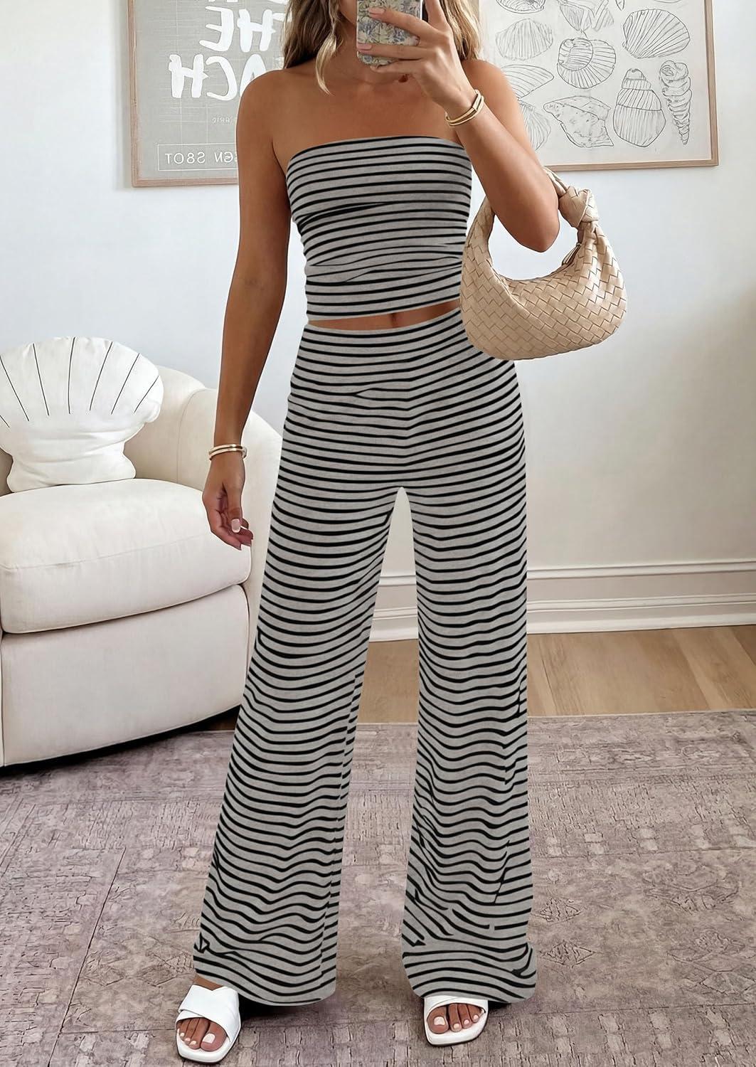 imagePRETTYGARDEN Summer Sets Women 2 Piece Outfits 2026 Matching Striped Loungewear Spring Airport Travel Beach Vacation ClothesGrey Black