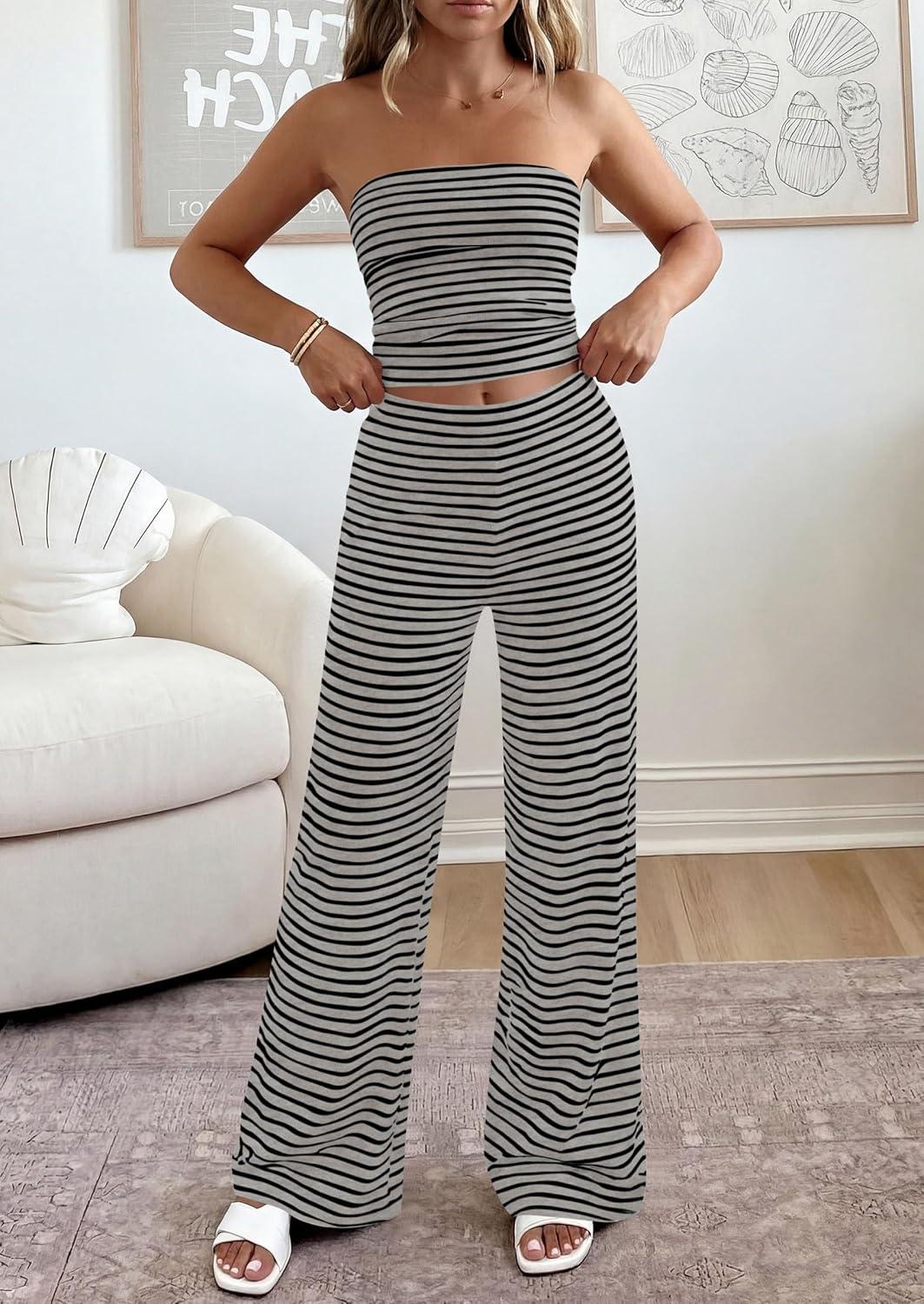 imagePRETTYGARDEN Summer Sets Women 2 Piece Outfits 2026 Matching Striped Loungewear Spring Airport Travel Beach Vacation ClothesGrey Black