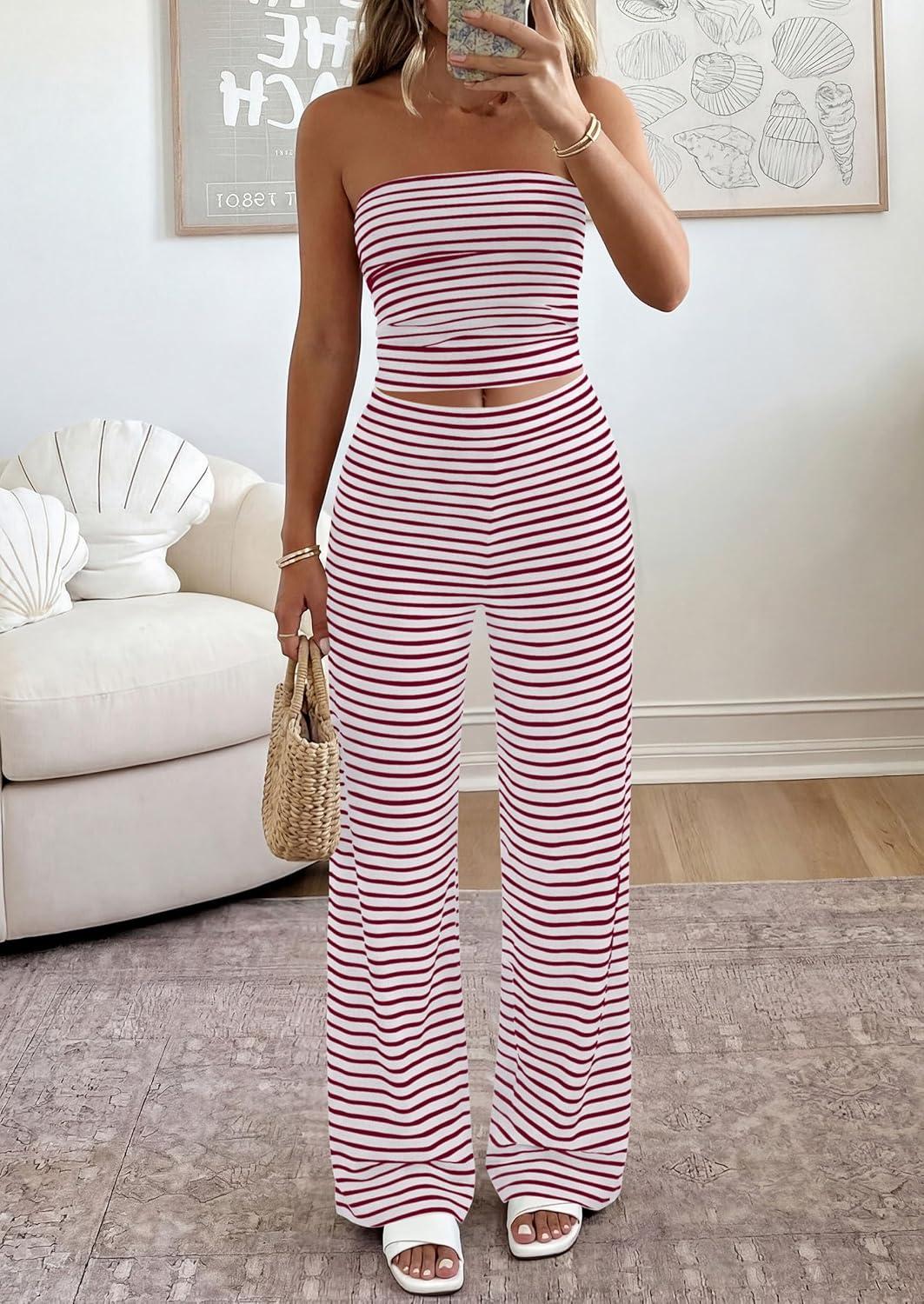 imagePRETTYGARDEN Summer Sets Women 2 Piece Outfits 2026 Matching Striped Loungewear Spring Airport Travel Beach Vacation ClothesGrey Burgundy