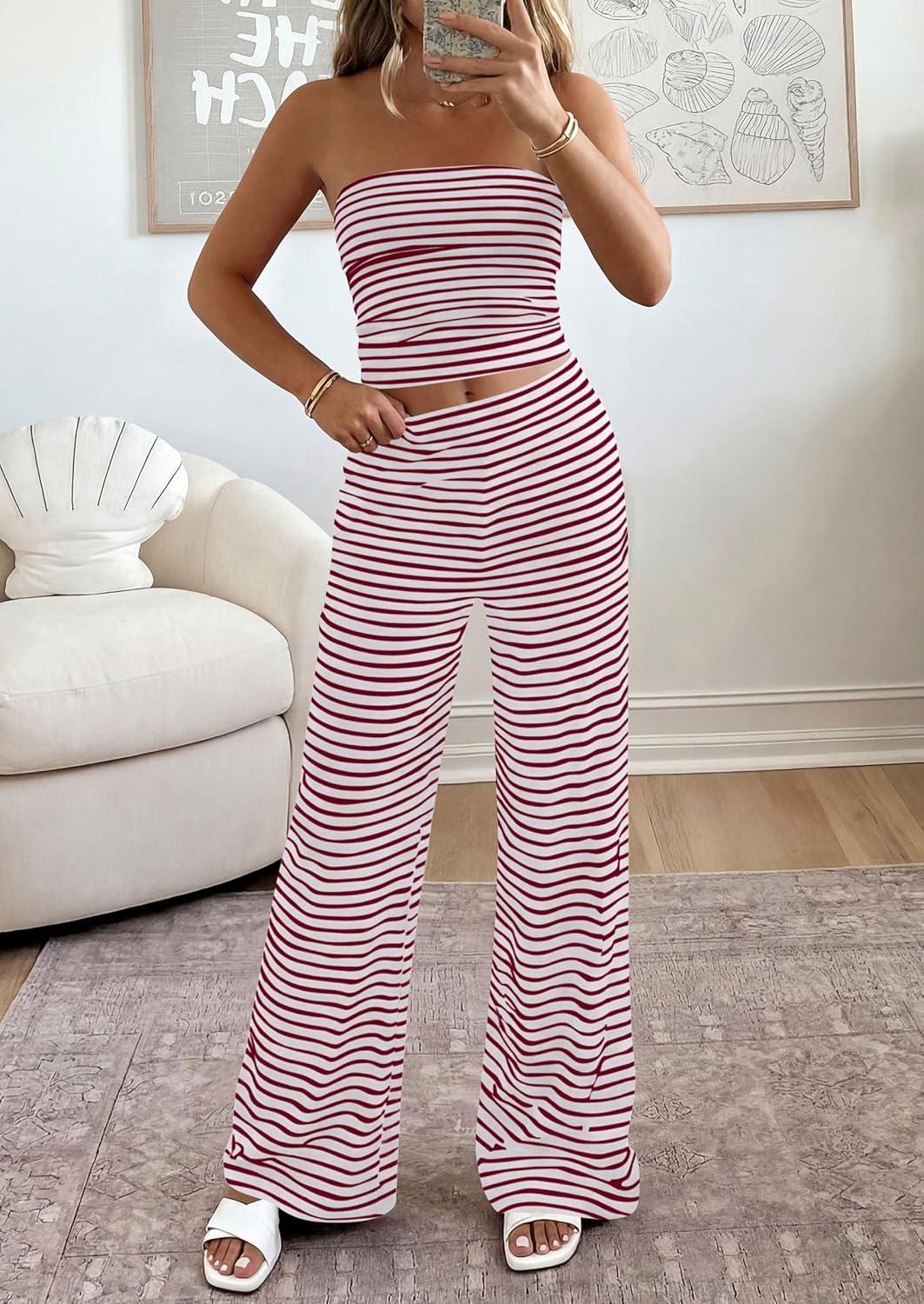 imagePRETTYGARDEN Summer Sets Women 2 Piece Outfits 2026 Matching Striped Loungewear Spring Airport Travel Beach Vacation ClothesGrey Burgundy