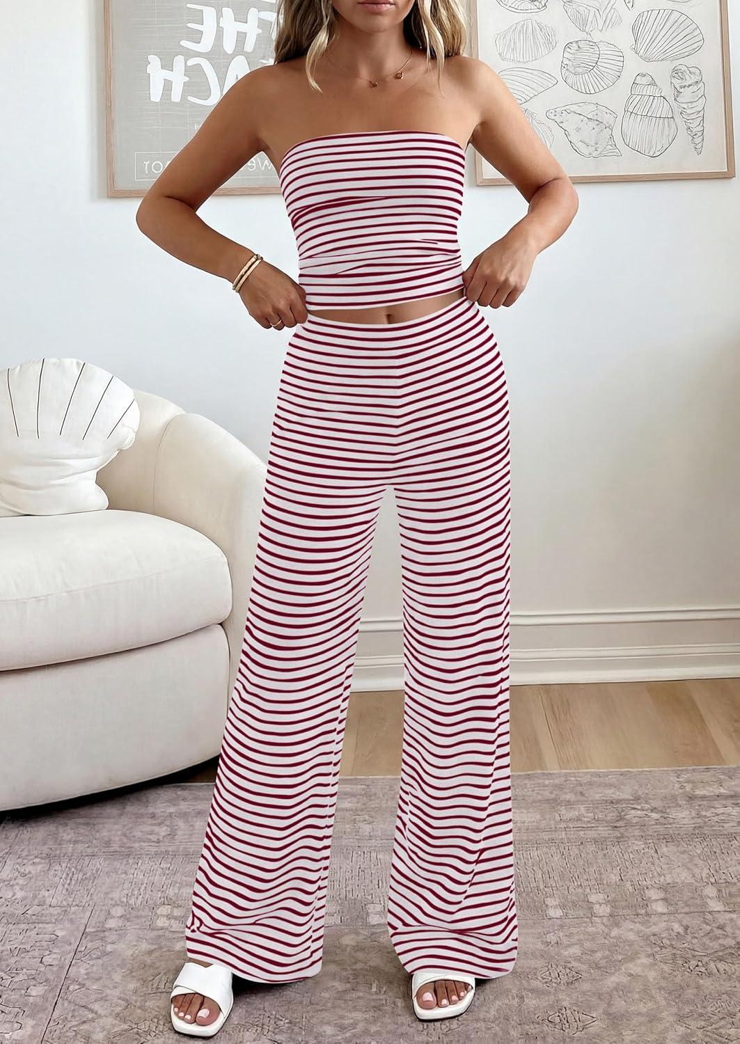 imagePRETTYGARDEN Summer Sets Women 2 Piece Outfits 2026 Matching Striped Loungewear Spring Airport Travel Beach Vacation ClothesGrey Burgundy