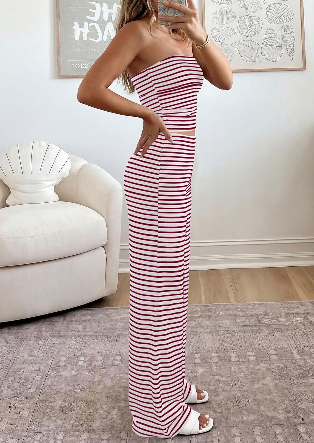 imagePRETTYGARDEN Summer Sets Women 2 Piece Outfits 2026 Matching Striped Loungewear Spring Airport Travel Beach Vacation ClothesGrey Burgundy
