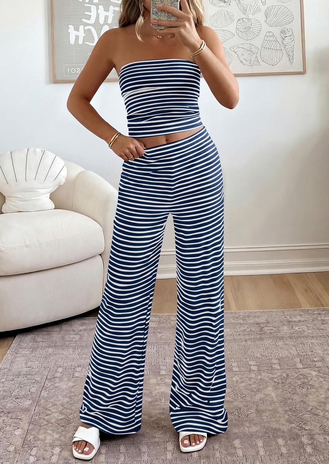 imagePRETTYGARDEN Summer Sets Women 2 Piece Outfits 2026 Matching Striped Loungewear Spring Airport Travel Beach Vacation ClothesNavy Blue White