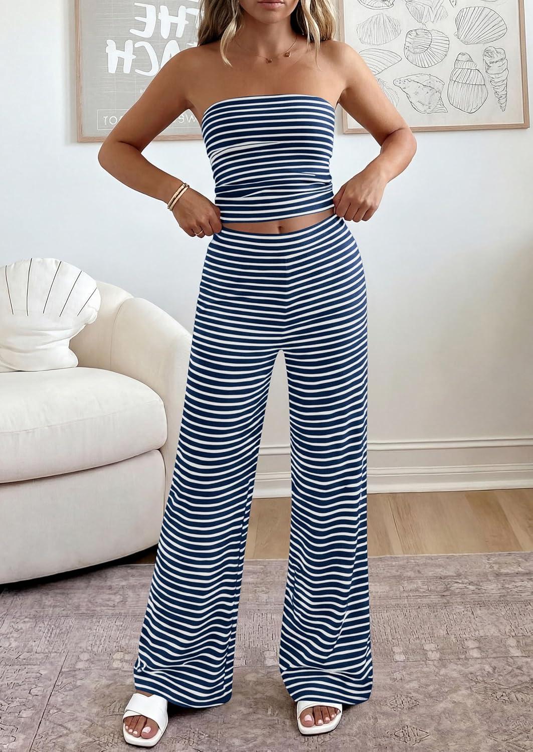 imagePRETTYGARDEN Summer Sets Women 2 Piece Outfits 2026 Matching Striped Loungewear Spring Airport Travel Beach Vacation ClothesNavy Blue White