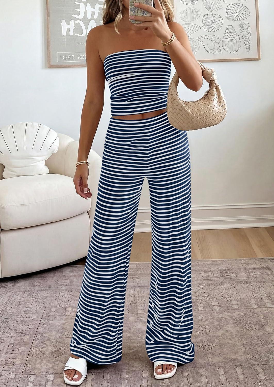 imagePRETTYGARDEN Summer Sets Women 2 Piece Outfits 2026 Matching Striped Loungewear Spring Airport Travel Beach Vacation ClothesNavy Blue White