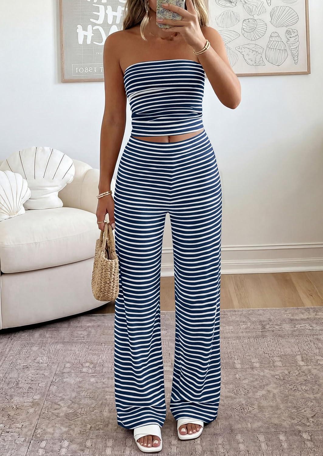 imagePRETTYGARDEN Summer Sets Women 2 Piece Outfits 2026 Matching Striped Loungewear Spring Airport Travel Beach Vacation ClothesNavy Blue White
