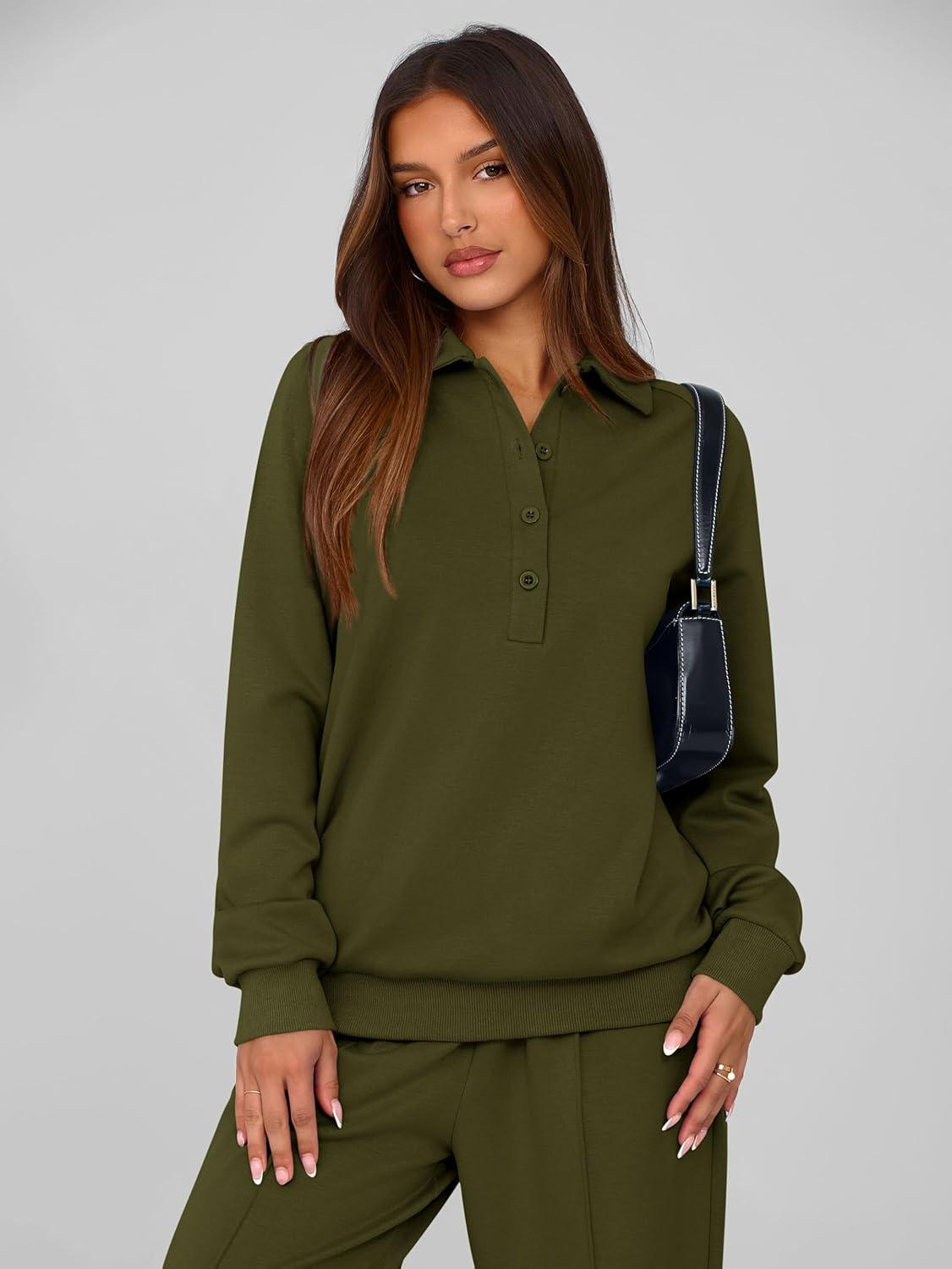 imagePRETTYGARDEN Women Fall 2 Piece Outfits Sweatsuits Quarter Button Long Sleeve Sweatshirt Wide Leg Pants Tracksuit Lounge SetsArmy Green