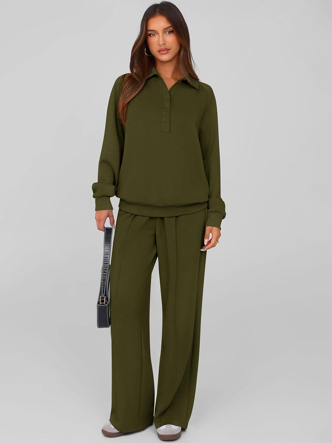 imagePRETTYGARDEN Women Fall 2 Piece Outfits Sweatsuits Quarter Button Long Sleeve Sweatshirt Wide Leg Pants Tracksuit Lounge SetsArmy Green