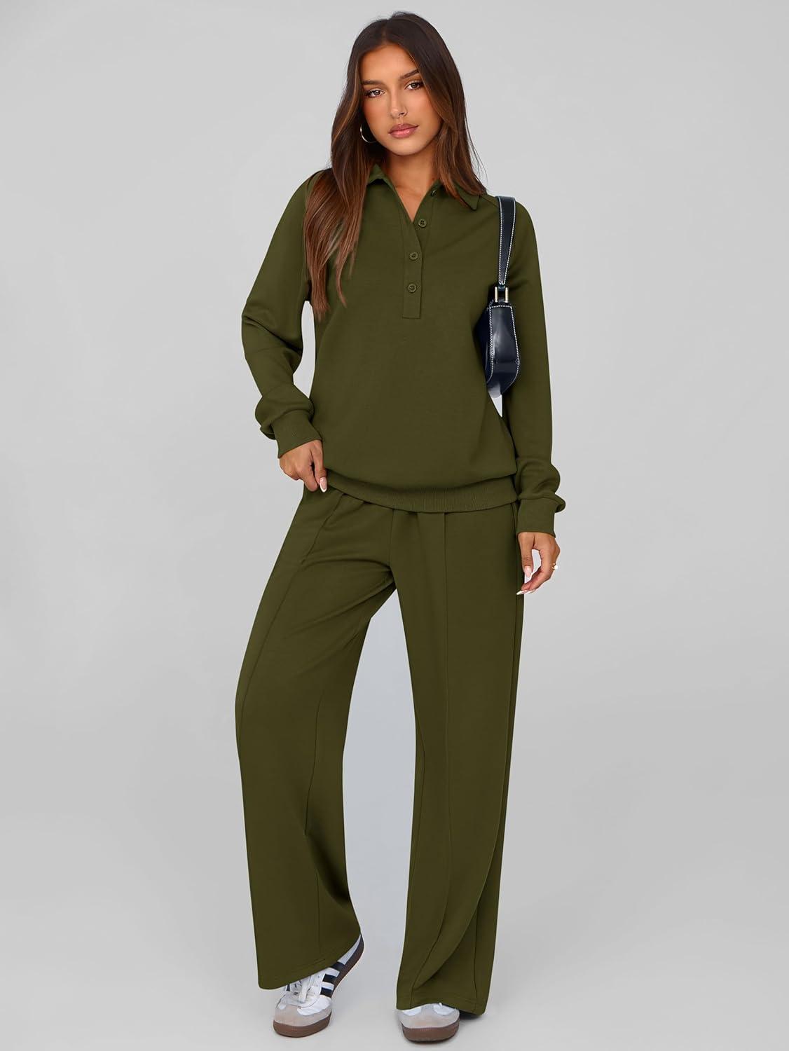 imagePRETTYGARDEN Women Fall 2 Piece Outfits Sweatsuits Quarter Button Long Sleeve Sweatshirt Wide Leg Pants Tracksuit Lounge SetsArmy Green