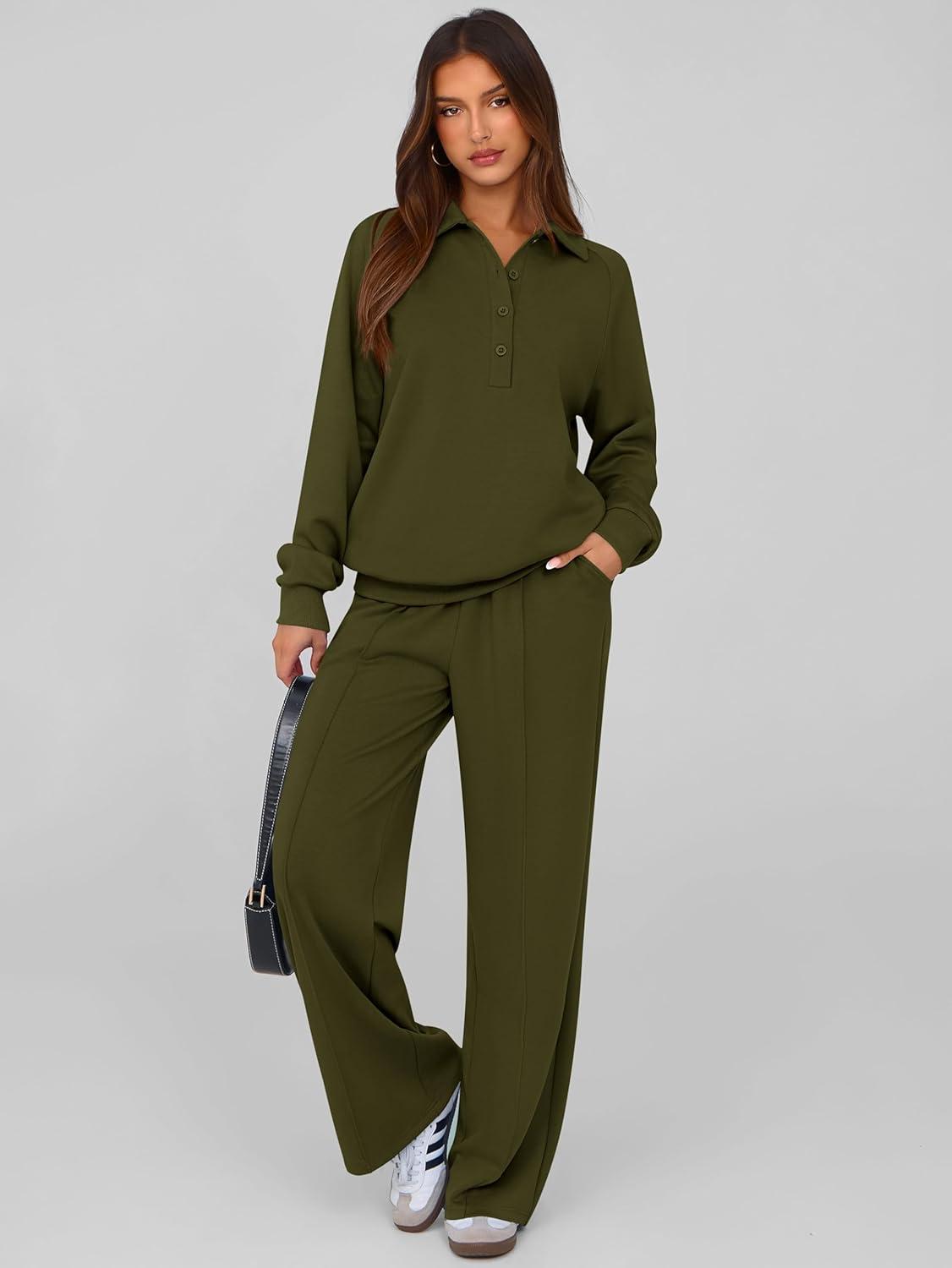imagePRETTYGARDEN Women Fall 2 Piece Outfits Sweatsuits Quarter Button Long Sleeve Sweatshirt Wide Leg Pants Tracksuit Lounge SetsArmy Green