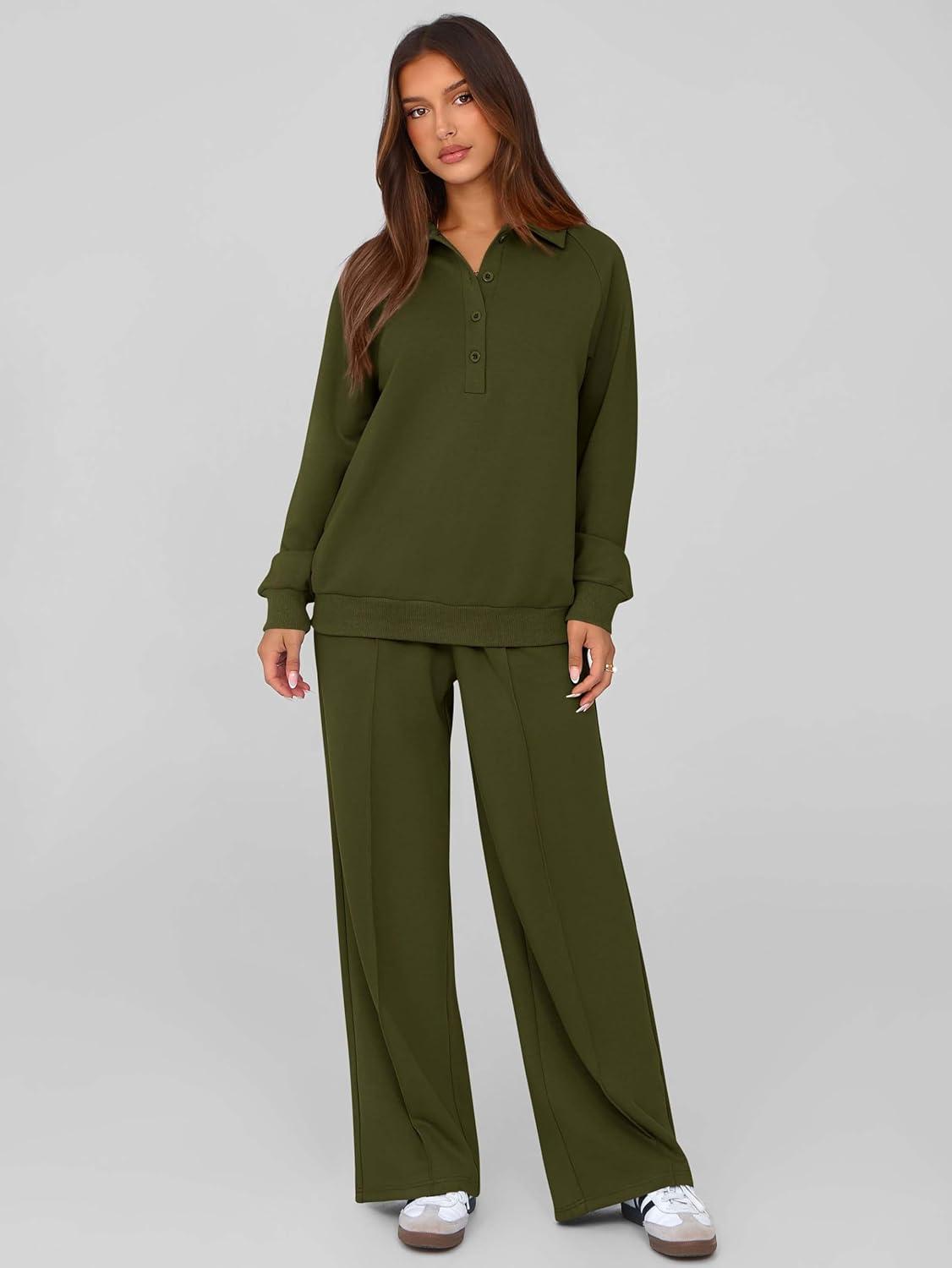imagePRETTYGARDEN Women Fall 2 Piece Outfits Sweatsuits Quarter Button Long Sleeve Sweatshirt Wide Leg Pants Tracksuit Lounge SetsArmy Green