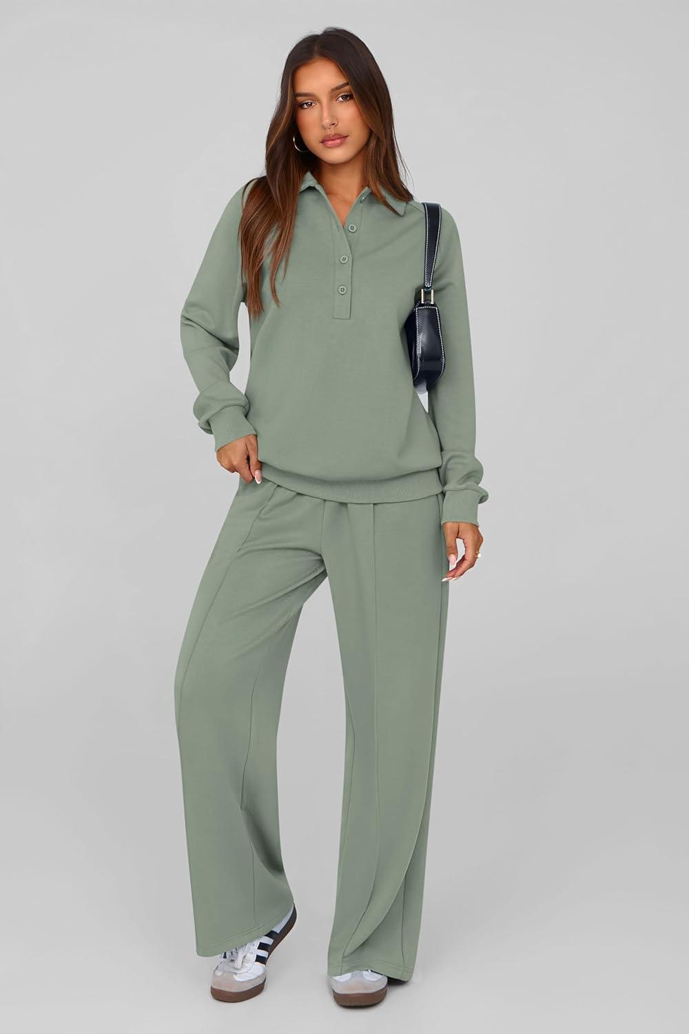 imagePRETTYGARDEN Women Fall 2 Piece Outfits Sweatsuits Quarter Button Long Sleeve Sweatshirt Wide Leg Pants Tracksuit Lounge SetsBean Green