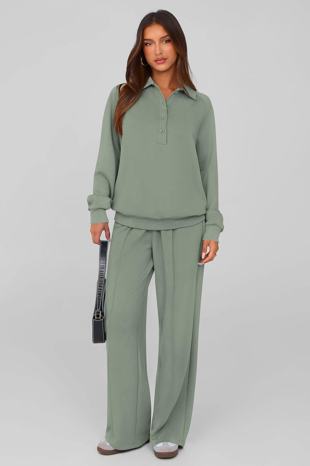 imagePRETTYGARDEN Women Fall 2 Piece Outfits Sweatsuits Quarter Button Long Sleeve Sweatshirt Wide Leg Pants Tracksuit Lounge SetsBean Green