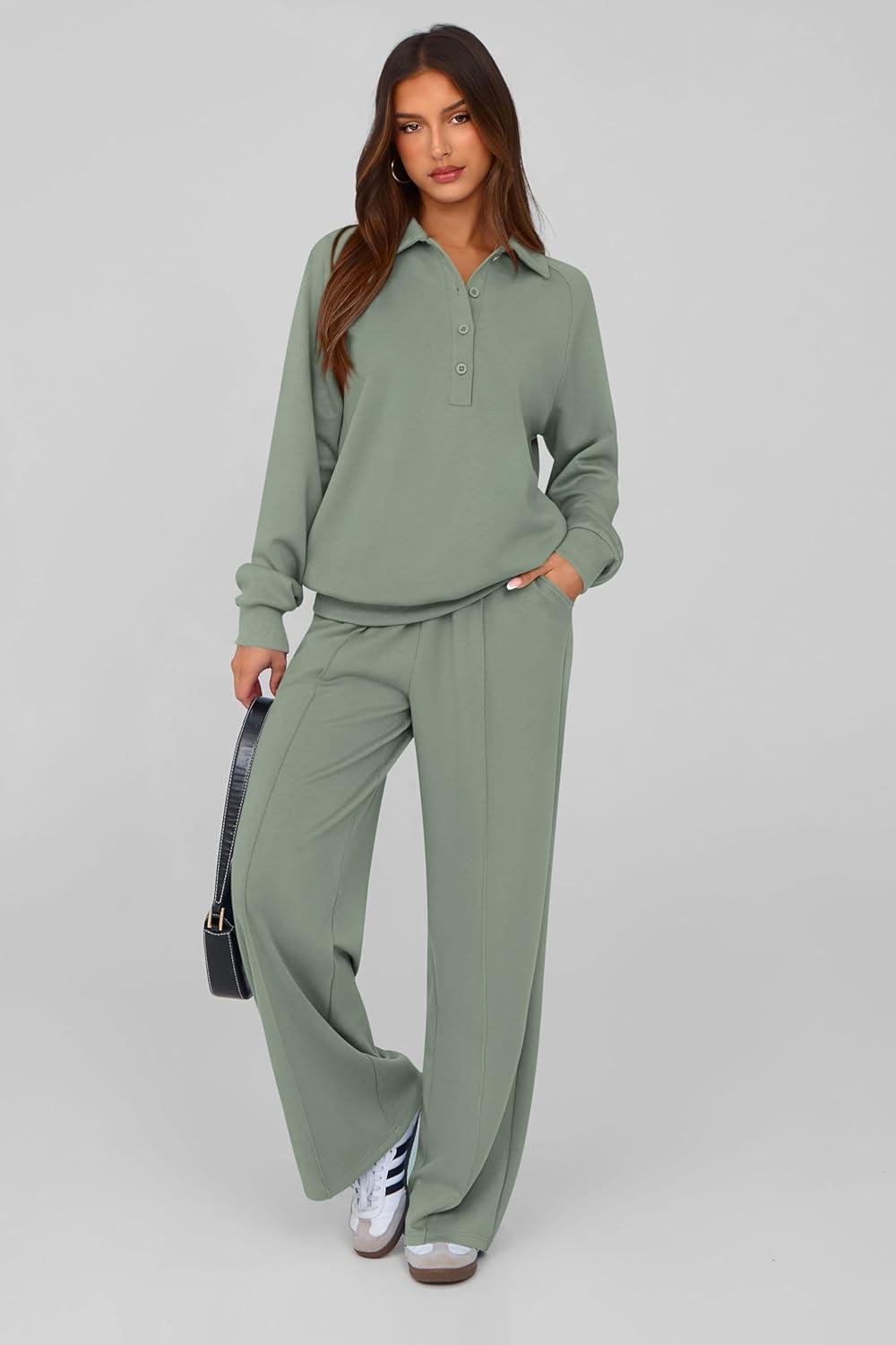 imagePRETTYGARDEN Women Fall 2 Piece Outfits Sweatsuits Quarter Button Long Sleeve Sweatshirt Wide Leg Pants Tracksuit Lounge SetsBean Green