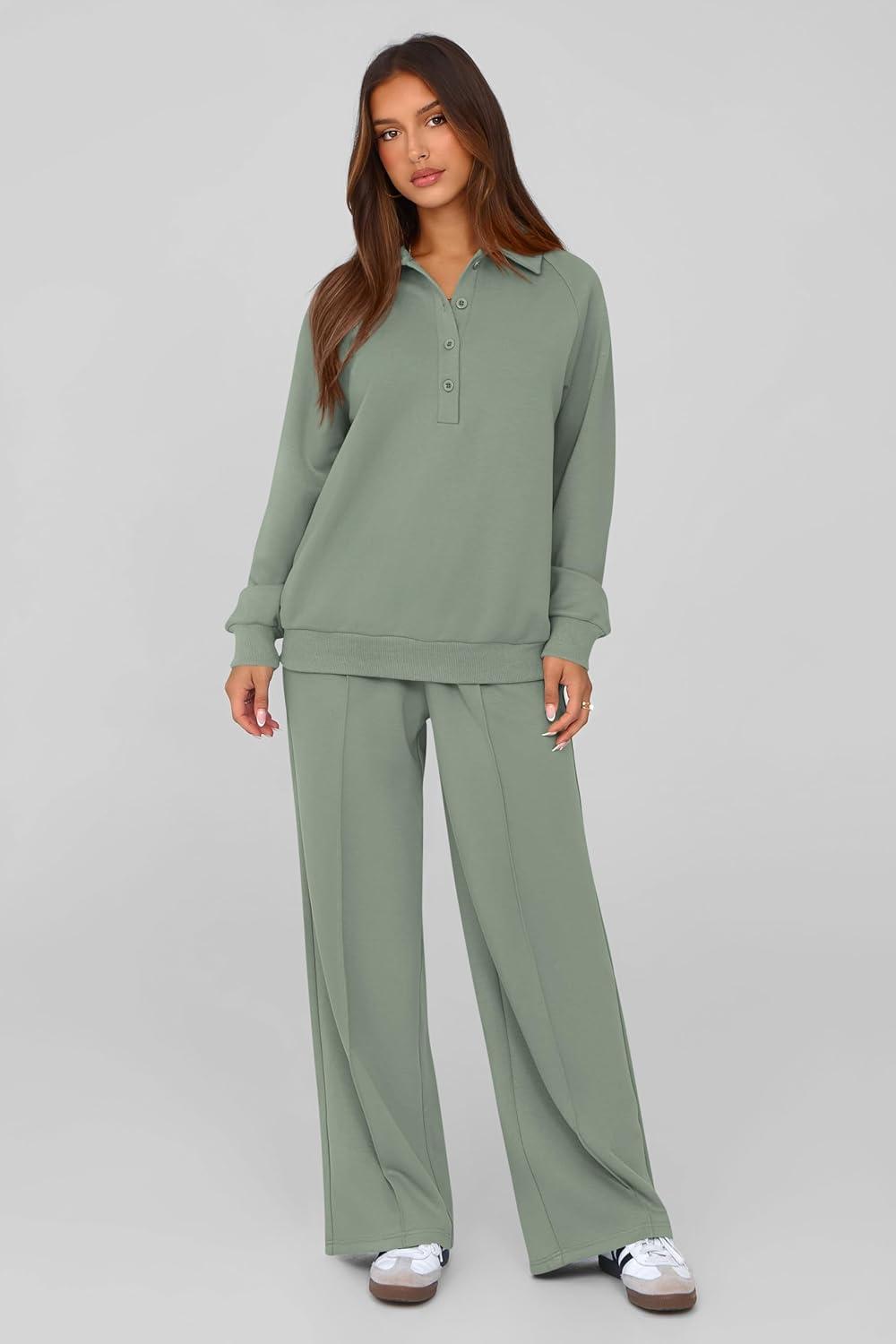 imagePRETTYGARDEN Women Fall 2 Piece Outfits Sweatsuits Quarter Button Long Sleeve Sweatshirt Wide Leg Pants Tracksuit Lounge SetsBean Green