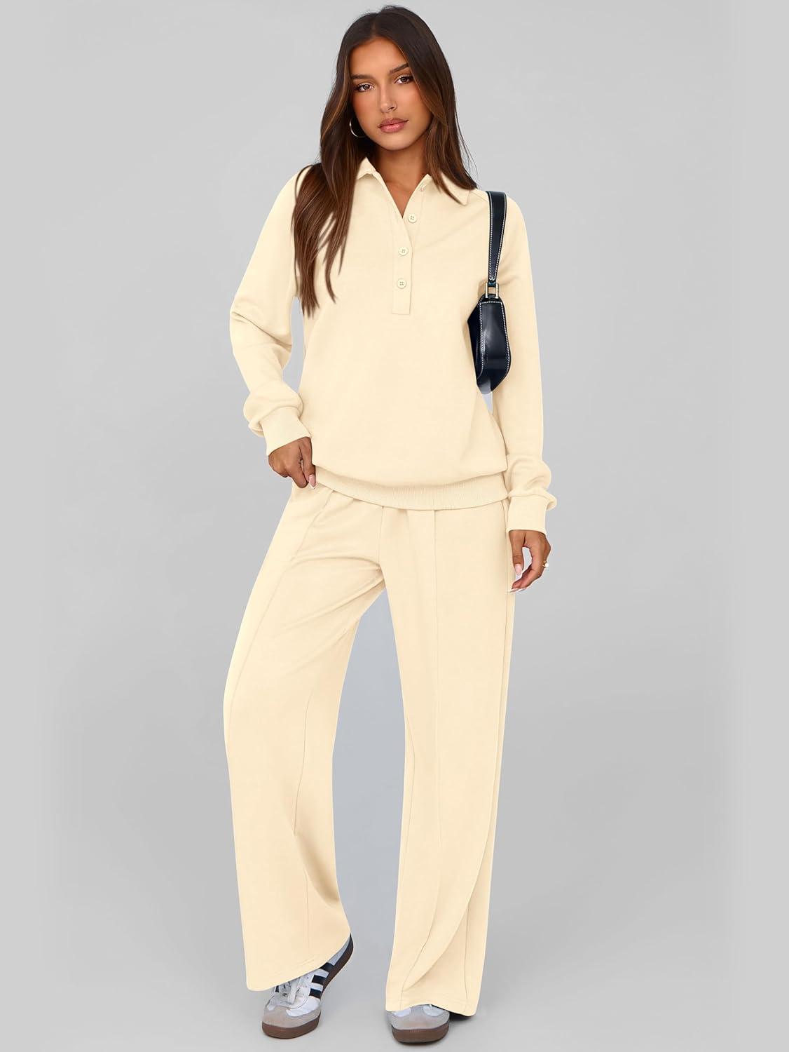 imagePRETTYGARDEN Women Fall 2 Piece Outfits Sweatsuits Quarter Button Long Sleeve Sweatshirt Wide Leg Pants Tracksuit Lounge SetsBeige