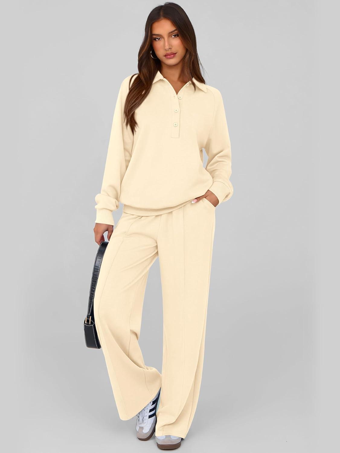 imagePRETTYGARDEN Women Fall 2 Piece Outfits Sweatsuits Quarter Button Long Sleeve Sweatshirt Wide Leg Pants Tracksuit Lounge SetsBeige