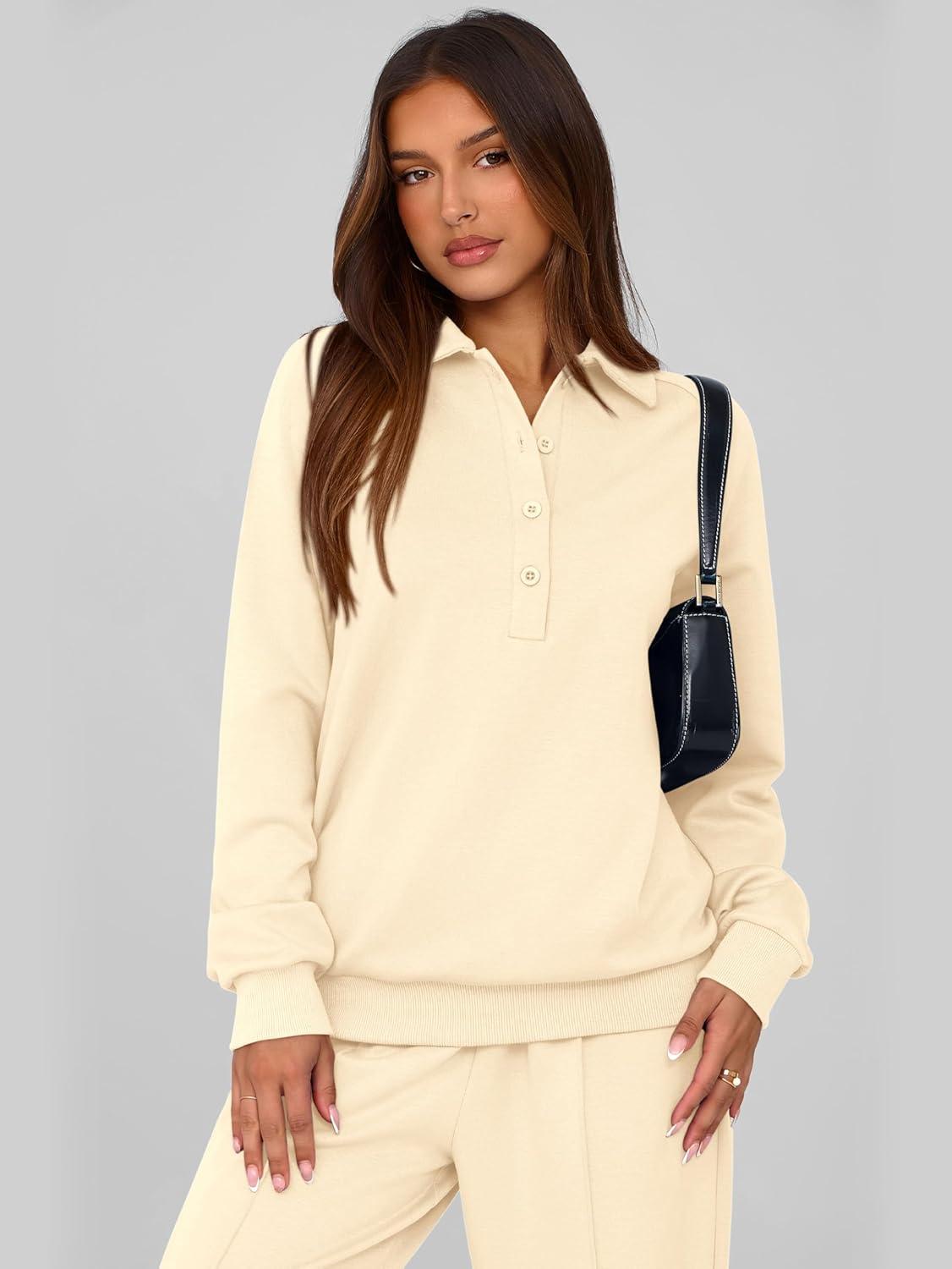 imagePRETTYGARDEN Women Fall 2 Piece Outfits Sweatsuits Quarter Button Long Sleeve Sweatshirt Wide Leg Pants Tracksuit Lounge SetsBeige