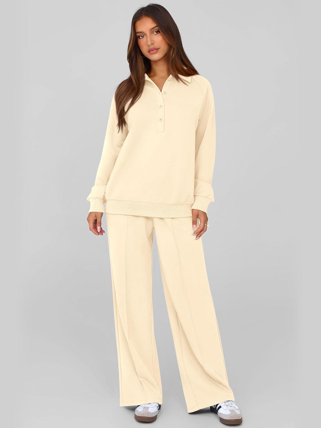 imagePRETTYGARDEN Women Fall 2 Piece Outfits Sweatsuits Quarter Button Long Sleeve Sweatshirt Wide Leg Pants Tracksuit Lounge SetsBeige
