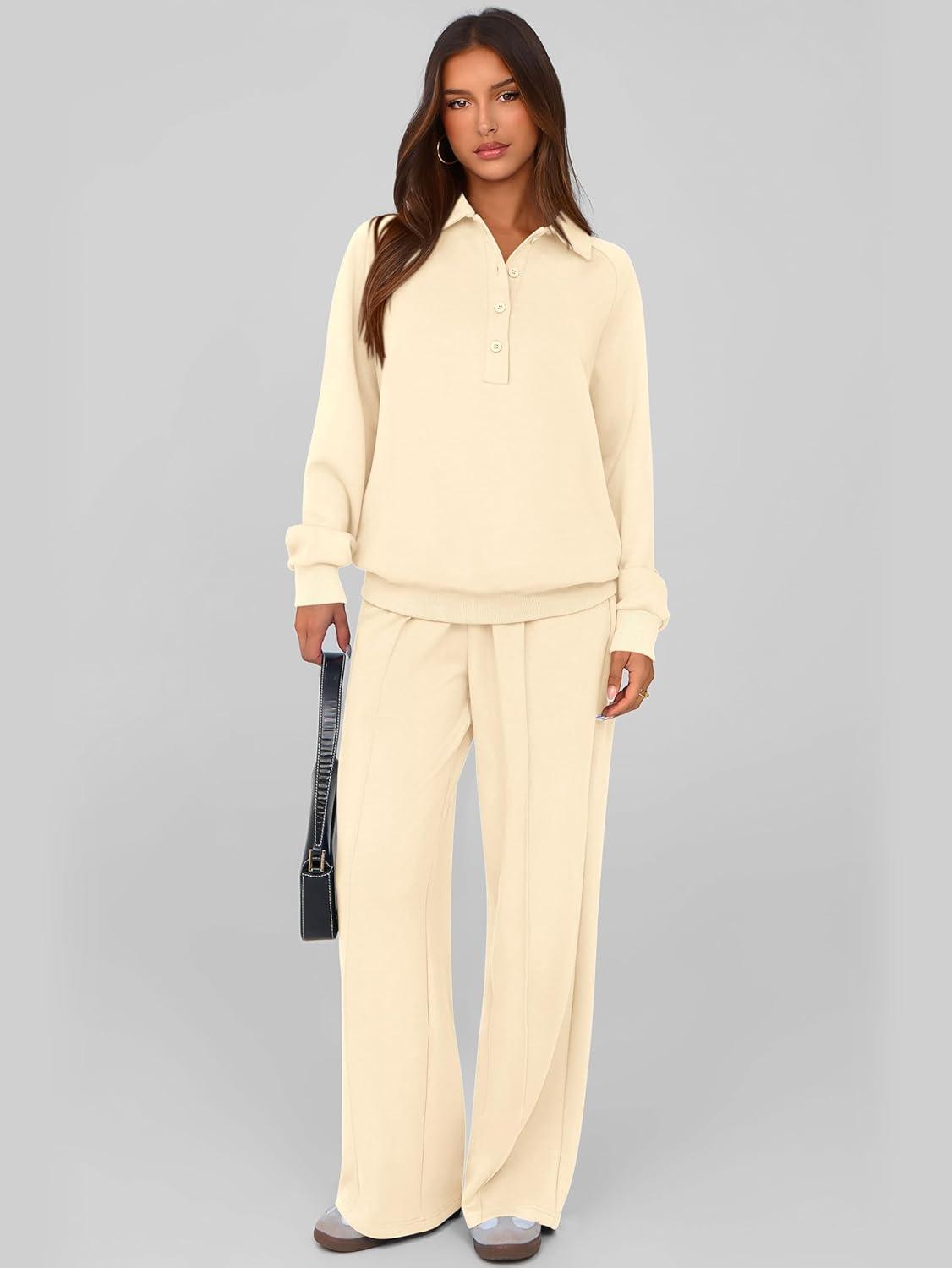 imagePRETTYGARDEN Women Fall 2 Piece Outfits Sweatsuits Quarter Button Long Sleeve Sweatshirt Wide Leg Pants Tracksuit Lounge SetsBeige