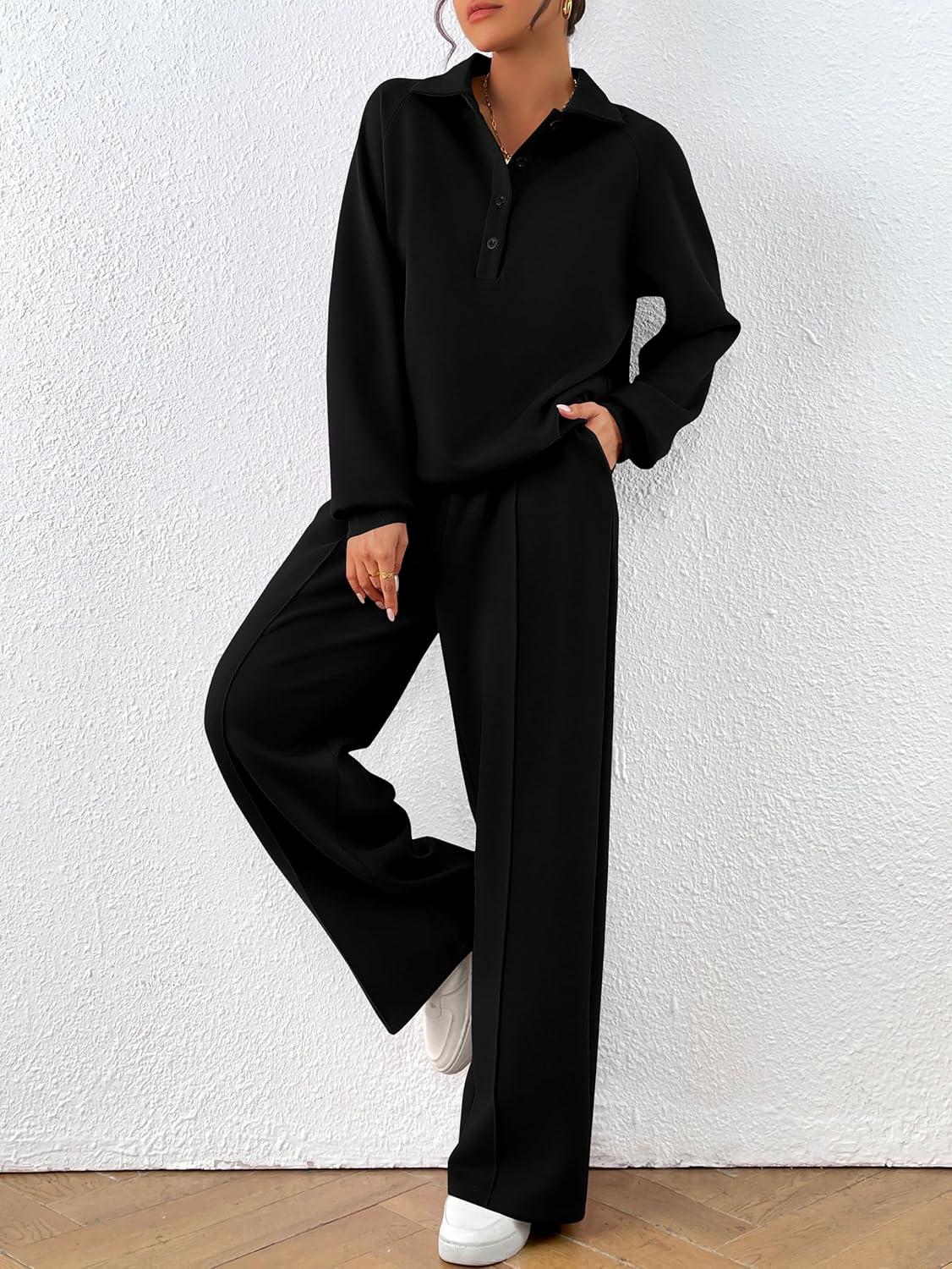 imagePRETTYGARDEN Women Fall 2 Piece Outfits Sweatsuits Quarter Button Long Sleeve Sweatshirt Wide Leg Pants Tracksuit Lounge SetsBlack