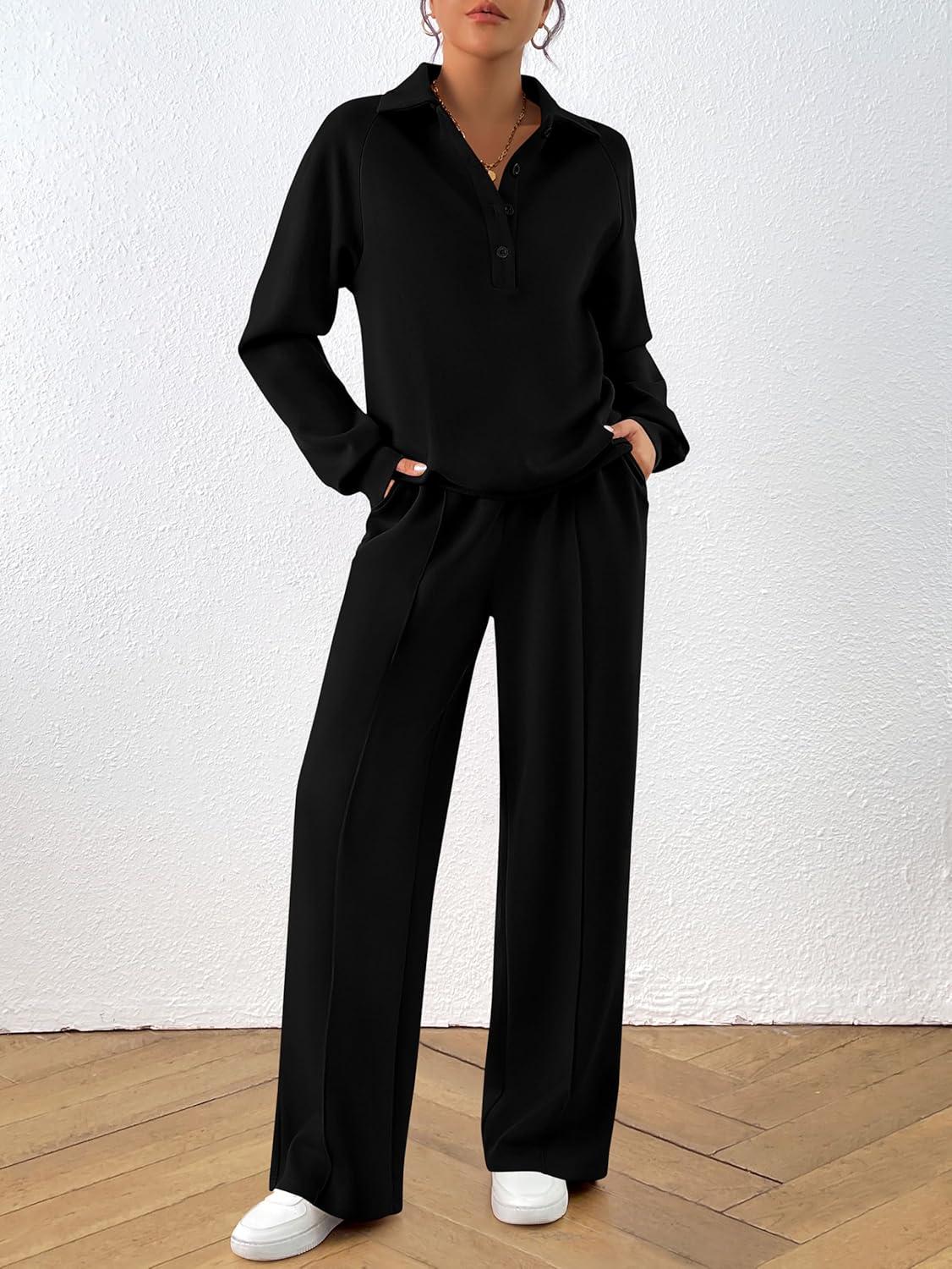 imagePRETTYGARDEN Women Fall 2 Piece Outfits Sweatsuits Quarter Button Long Sleeve Sweatshirt Wide Leg Pants Tracksuit Lounge SetsBlack
