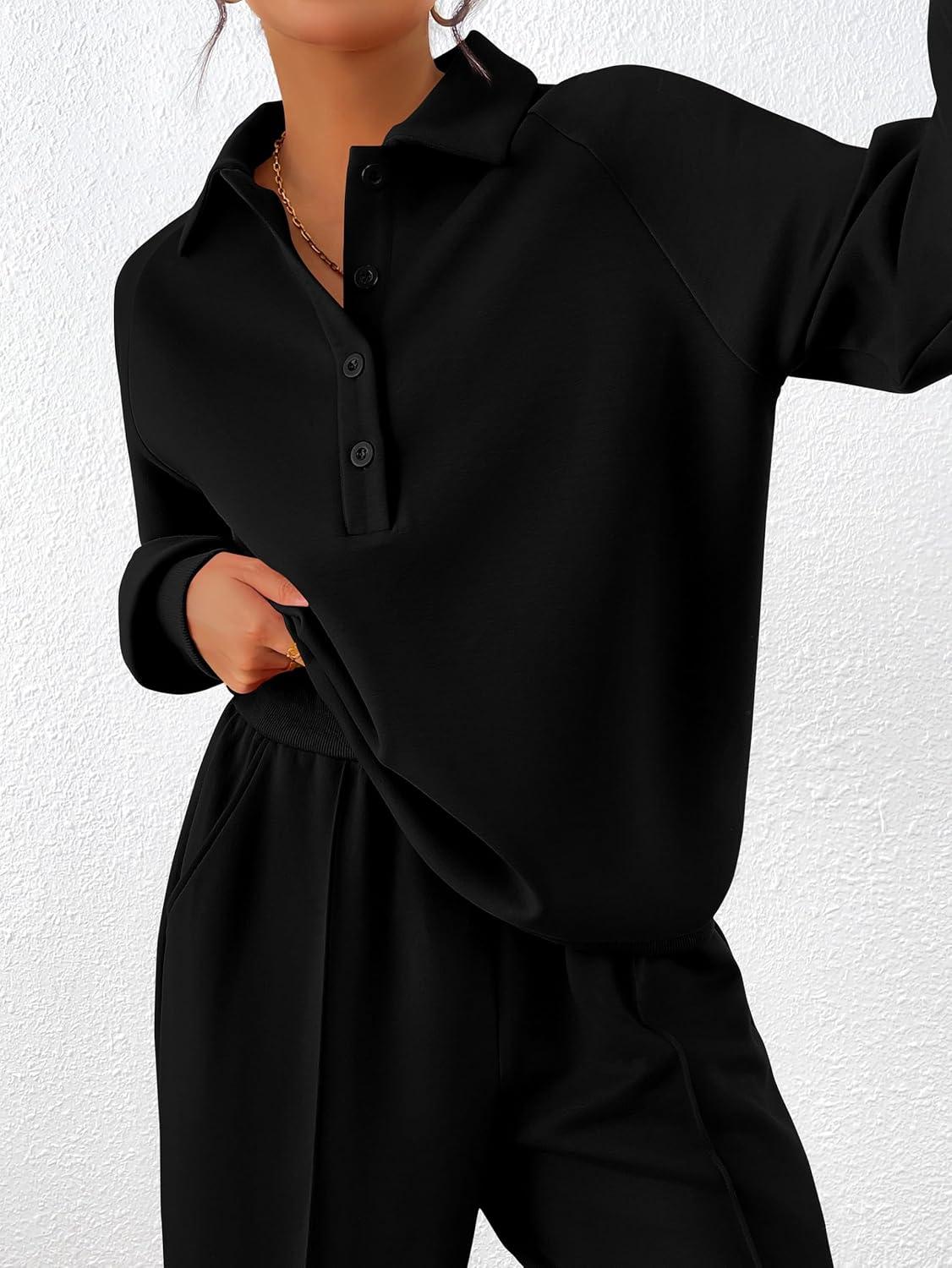 imagePRETTYGARDEN Women Fall 2 Piece Outfits Sweatsuits Quarter Button Long Sleeve Sweatshirt Wide Leg Pants Tracksuit Lounge SetsBlack