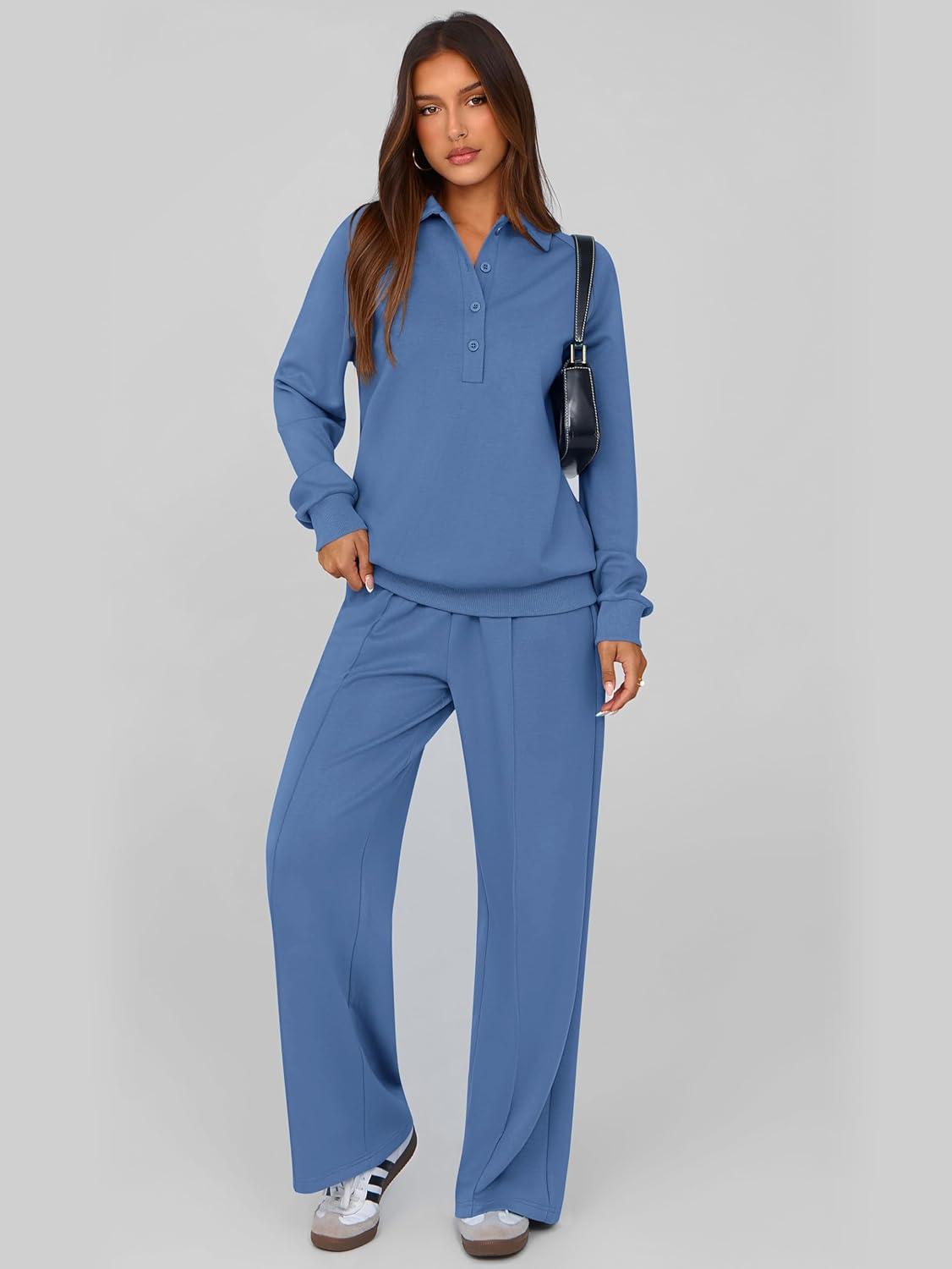imagePRETTYGARDEN Women Fall 2 Piece Outfits Sweatsuits Quarter Button Long Sleeve Sweatshirt Wide Leg Pants Tracksuit Lounge SetsBlue