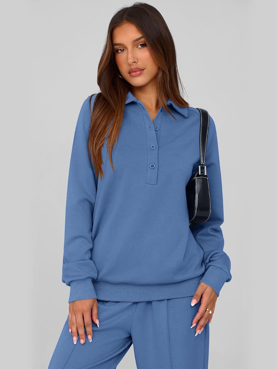 imagePRETTYGARDEN Women Fall 2 Piece Outfits Sweatsuits Quarter Button Long Sleeve Sweatshirt Wide Leg Pants Tracksuit Lounge SetsBlue