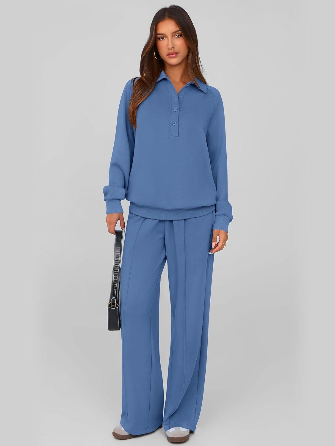 imagePRETTYGARDEN Women Fall 2 Piece Outfits Sweatsuits Quarter Button Long Sleeve Sweatshirt Wide Leg Pants Tracksuit Lounge SetsBlue