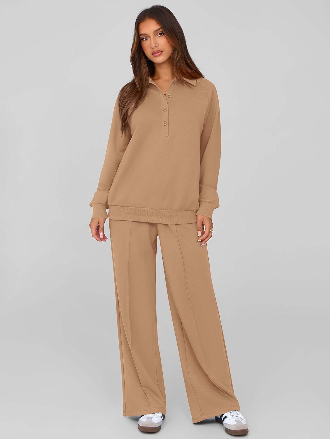 imagePRETTYGARDEN Women Fall 2 Piece Outfits Sweatsuits Quarter Button Long Sleeve Sweatshirt Wide Leg Pants Tracksuit Lounge SetsCamel