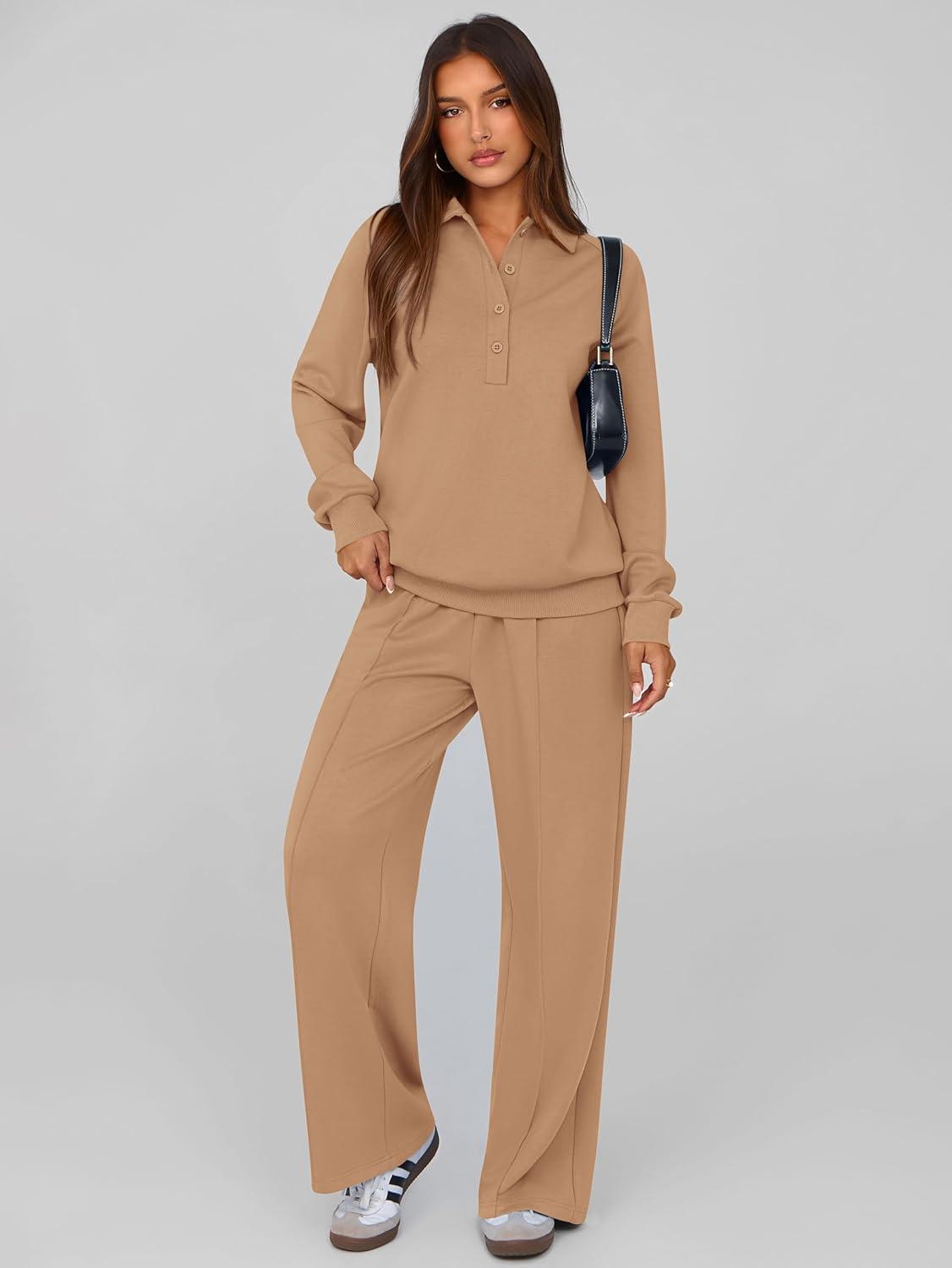 imagePRETTYGARDEN Women Fall 2 Piece Outfits Sweatsuits Quarter Button Long Sleeve Sweatshirt Wide Leg Pants Tracksuit Lounge SetsCamel