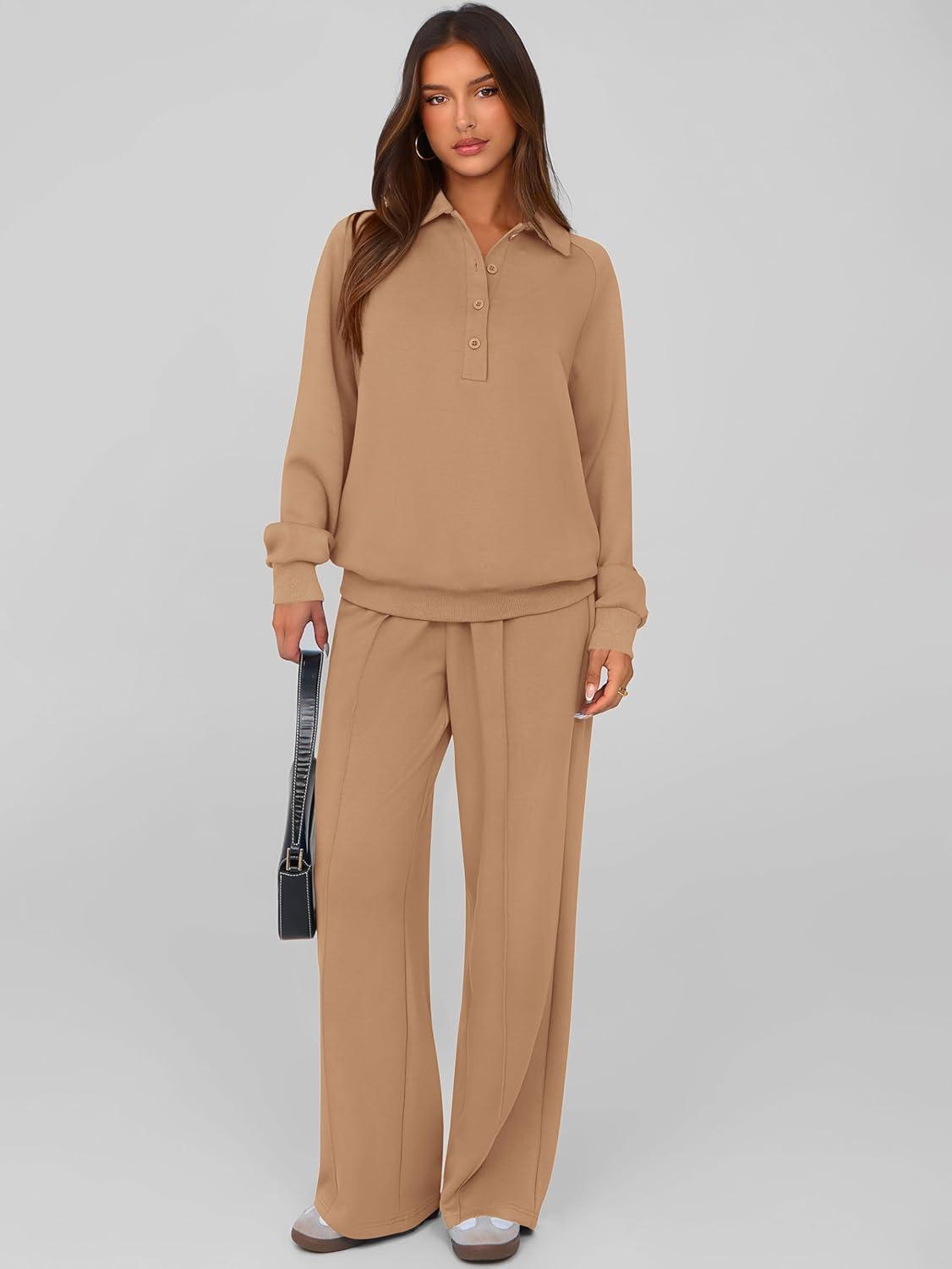 imagePRETTYGARDEN Women Fall 2 Piece Outfits Sweatsuits Quarter Button Long Sleeve Sweatshirt Wide Leg Pants Tracksuit Lounge SetsCamel