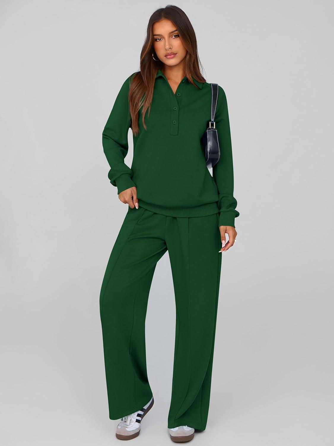 imagePRETTYGARDEN Women Fall 2 Piece Outfits Sweatsuits Quarter Button Long Sleeve Sweatshirt Wide Leg Pants Tracksuit Lounge SetsDark Green