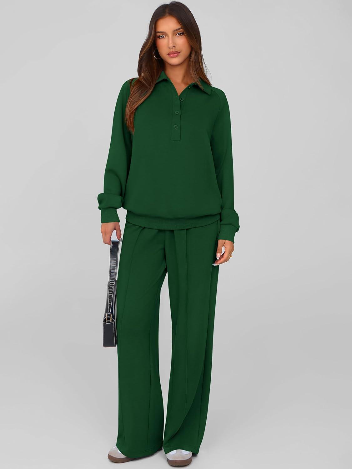 imagePRETTYGARDEN Women Fall 2 Piece Outfits Sweatsuits Quarter Button Long Sleeve Sweatshirt Wide Leg Pants Tracksuit Lounge SetsDark Green
