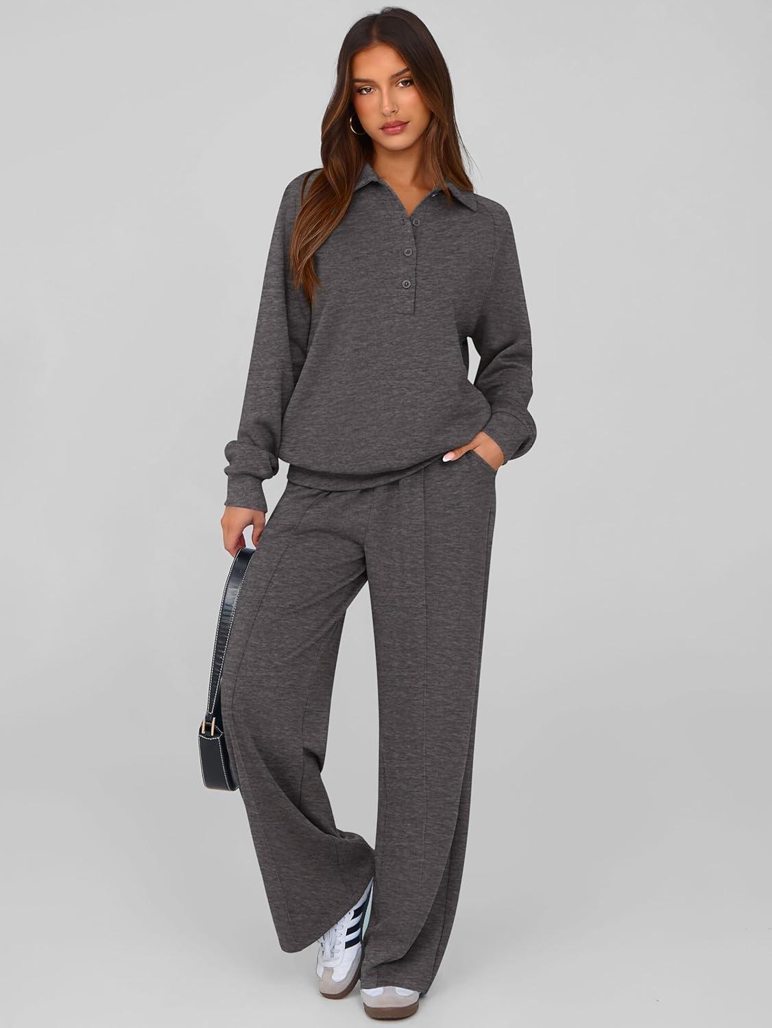 imagePRETTYGARDEN Women Fall 2 Piece Outfits Sweatsuits Quarter Button Long Sleeve Sweatshirt Wide Leg Pants Tracksuit Lounge SetsDark Grey