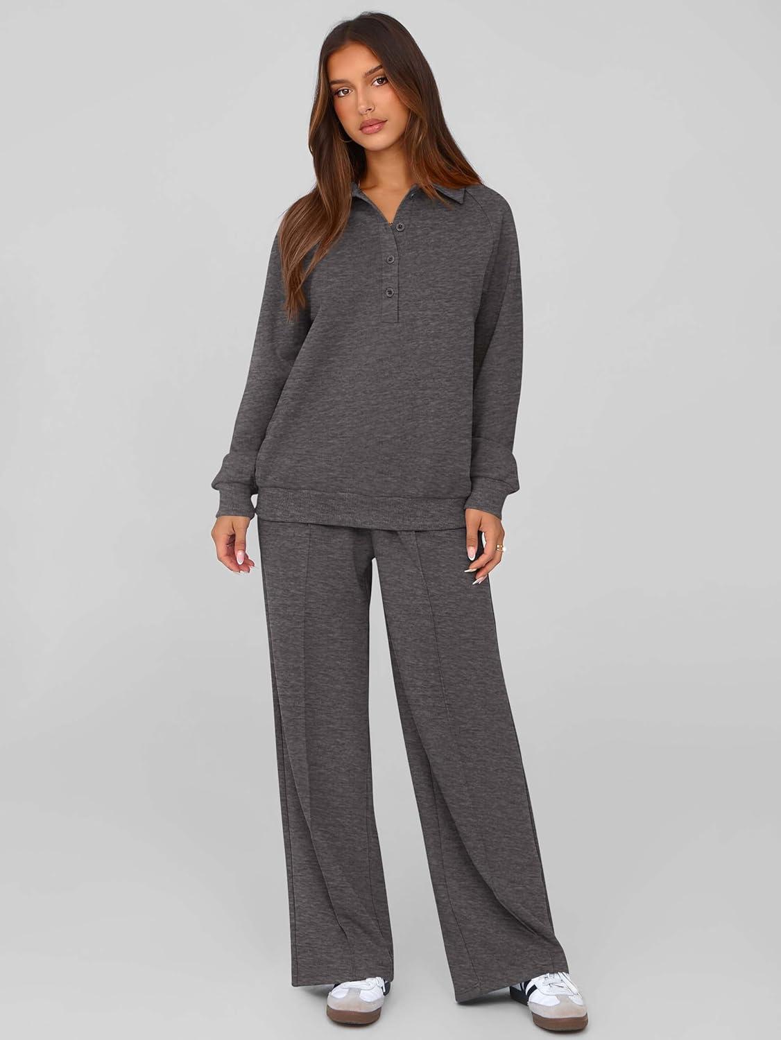 imagePRETTYGARDEN Women Fall 2 Piece Outfits Sweatsuits Quarter Button Long Sleeve Sweatshirt Wide Leg Pants Tracksuit Lounge SetsDark Grey