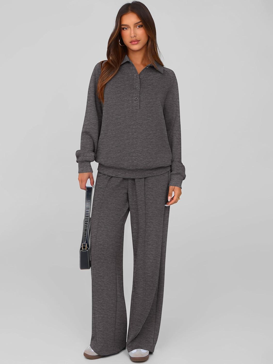 imagePRETTYGARDEN Women Fall 2 Piece Outfits Sweatsuits Quarter Button Long Sleeve Sweatshirt Wide Leg Pants Tracksuit Lounge SetsDark Grey