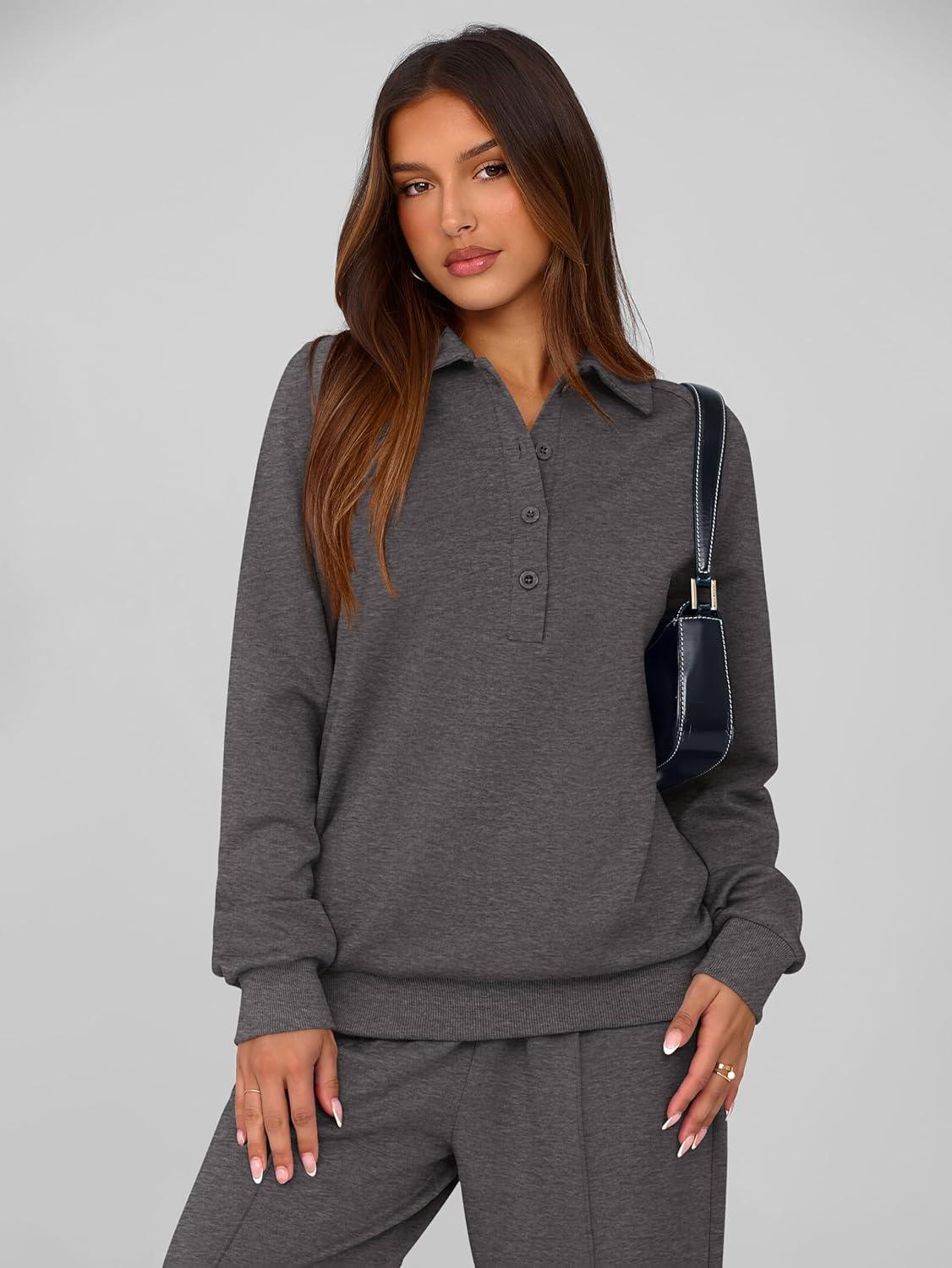 imagePRETTYGARDEN Women Fall 2 Piece Outfits Sweatsuits Quarter Button Long Sleeve Sweatshirt Wide Leg Pants Tracksuit Lounge SetsDark Grey