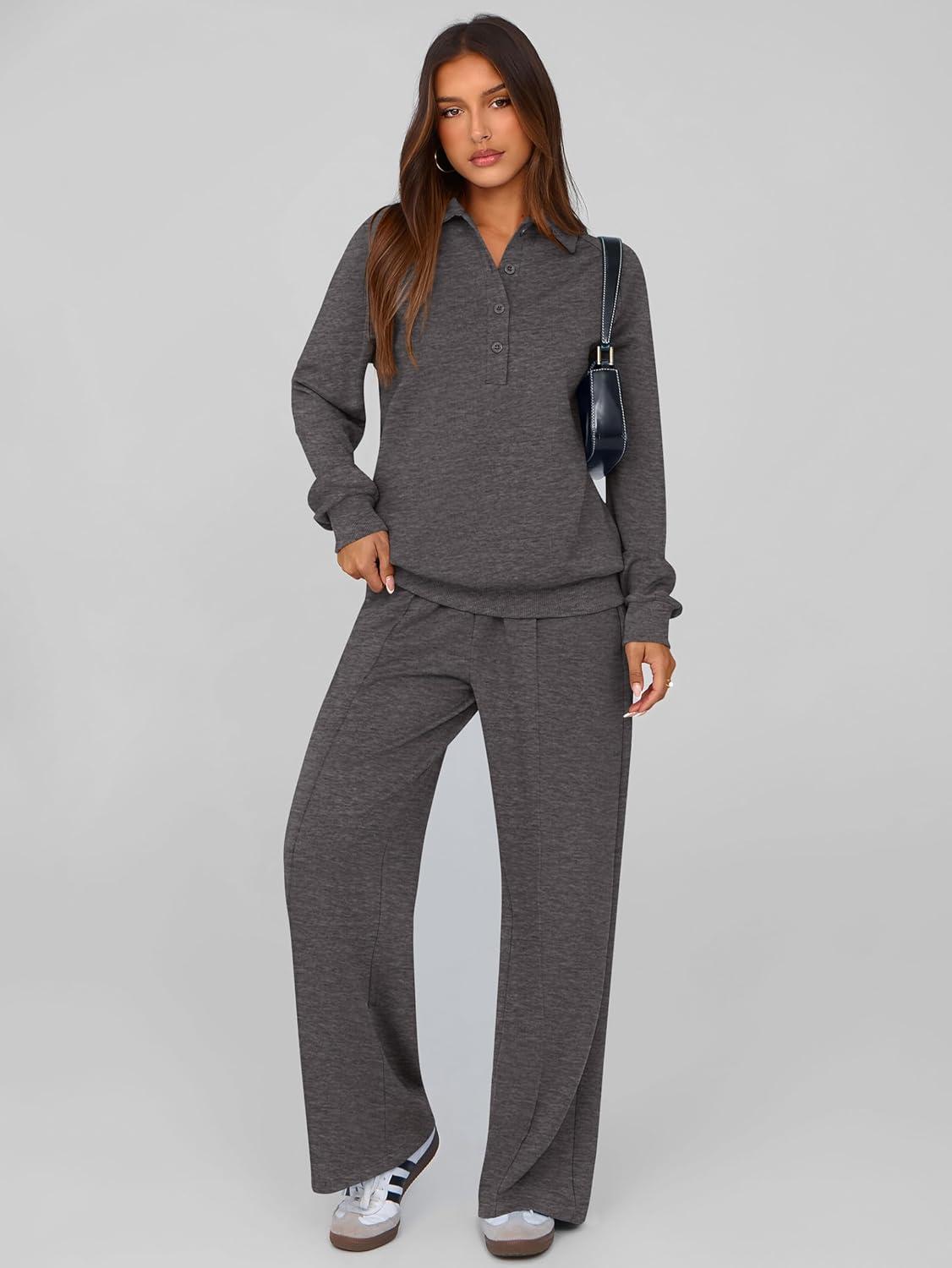 imagePRETTYGARDEN Women Fall 2 Piece Outfits Sweatsuits Quarter Button Long Sleeve Sweatshirt Wide Leg Pants Tracksuit Lounge SetsDark Grey