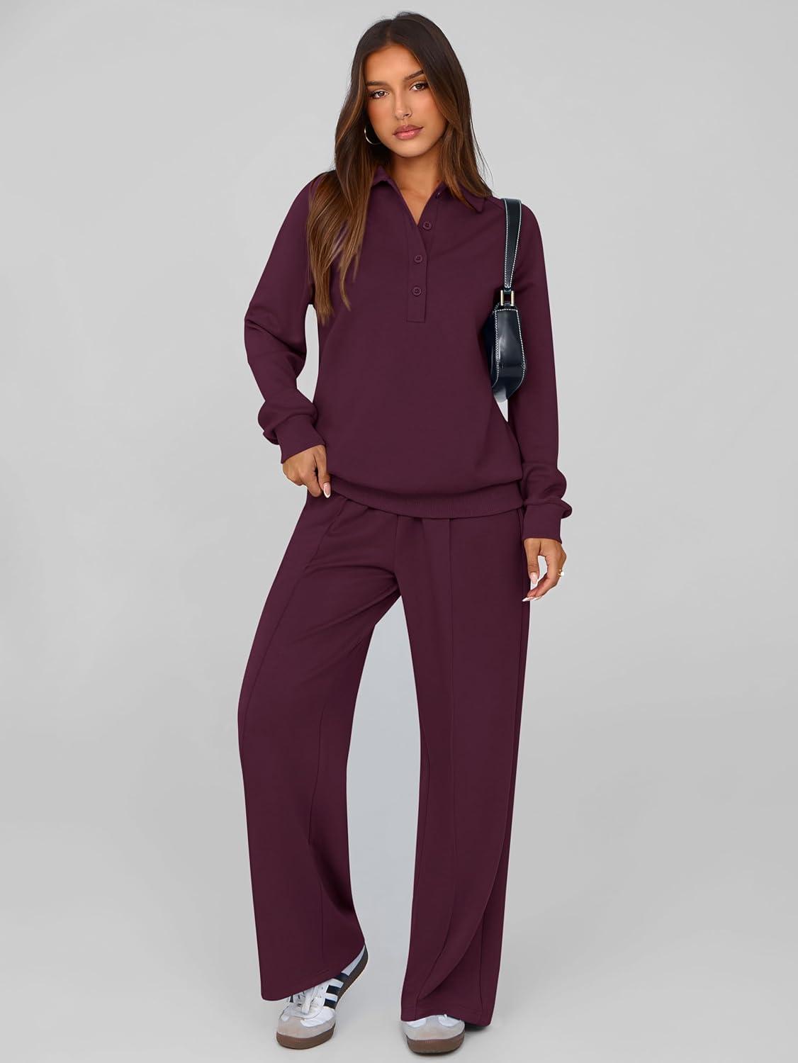 imagePRETTYGARDEN Women Fall 2 Piece Outfits Sweatsuits Quarter Button Long Sleeve Sweatshirt Wide Leg Pants Tracksuit Lounge SetsDark Wine Red