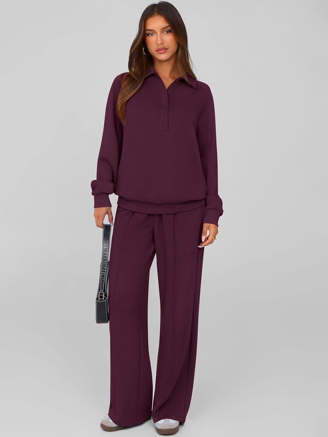 imagePRETTYGARDEN Women Fall 2 Piece Outfits Sweatsuits Quarter Button Long Sleeve Sweatshirt Wide Leg Pants Tracksuit Lounge SetsDark Wine Red