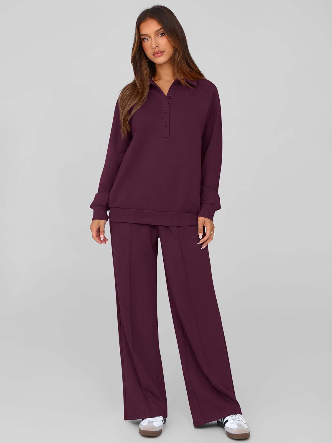 imagePRETTYGARDEN Women Fall 2 Piece Outfits Sweatsuits Quarter Button Long Sleeve Sweatshirt Wide Leg Pants Tracksuit Lounge SetsDark Wine Red