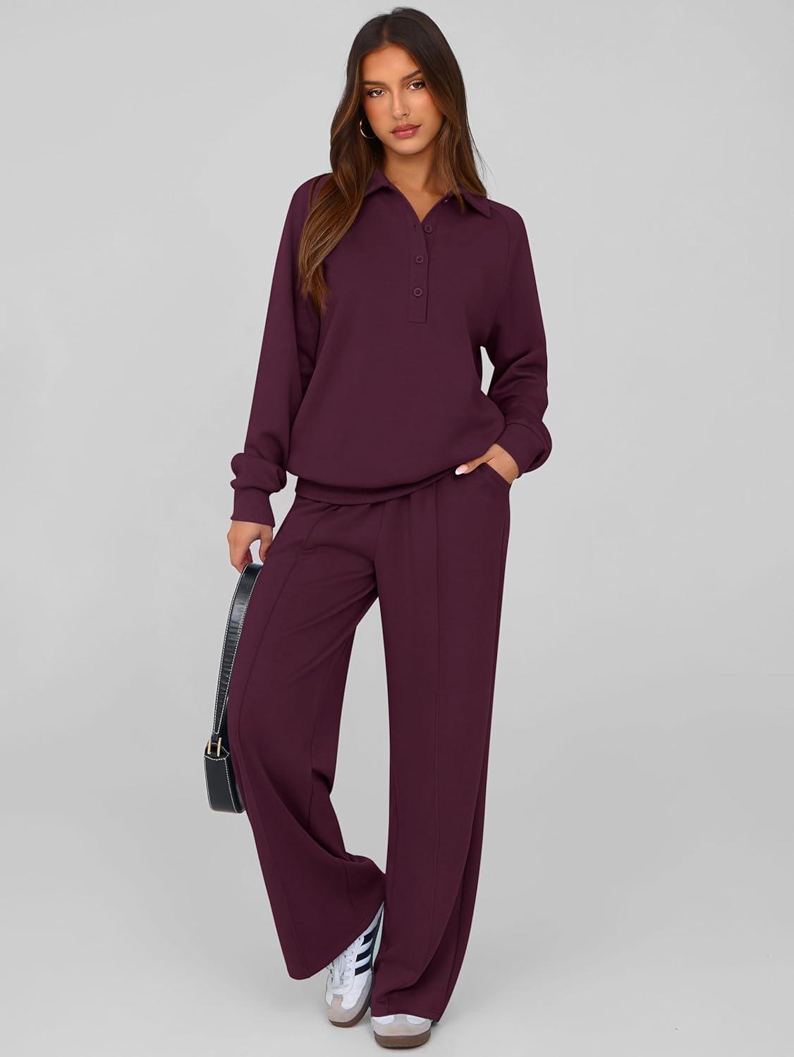 imagePRETTYGARDEN Women Fall 2 Piece Outfits Sweatsuits Quarter Button Long Sleeve Sweatshirt Wide Leg Pants Tracksuit Lounge SetsDark Wine Red