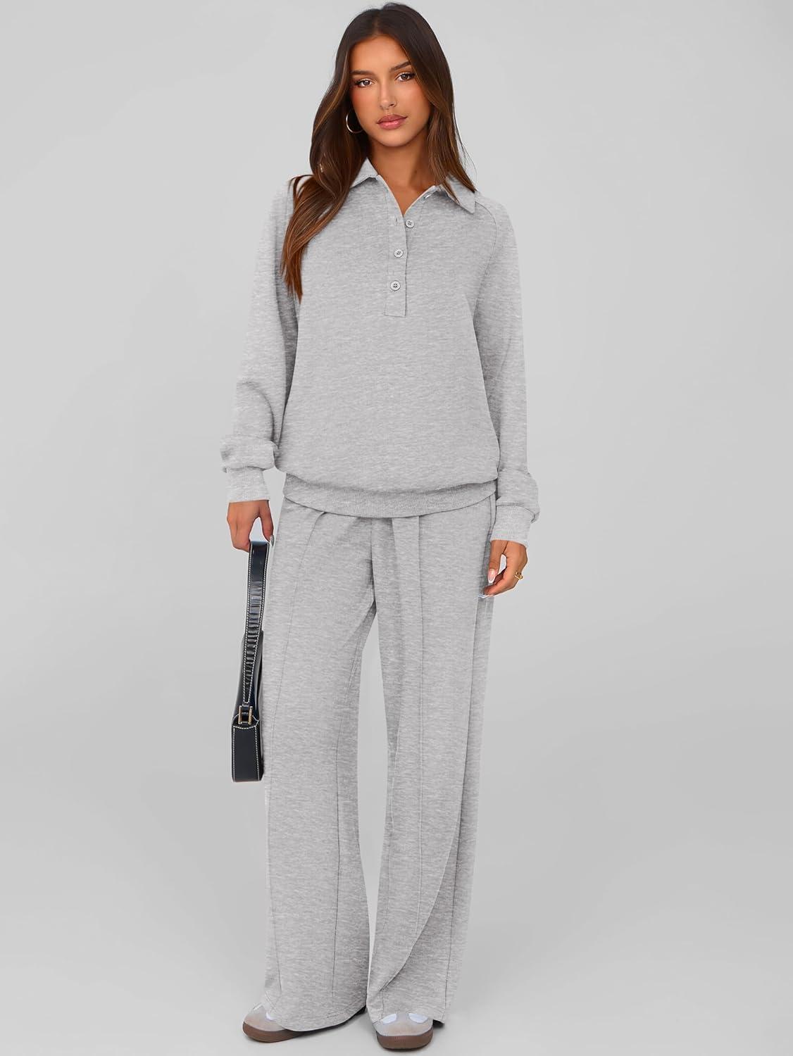 imagePRETTYGARDEN Women Fall 2 Piece Outfits Sweatsuits Quarter Button Long Sleeve Sweatshirt Wide Leg Pants Tracksuit Lounge SetsLight Grey
