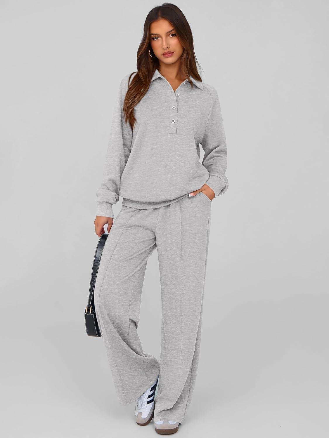 imagePRETTYGARDEN Women Fall 2 Piece Outfits Sweatsuits Quarter Button Long Sleeve Sweatshirt Wide Leg Pants Tracksuit Lounge SetsLight Grey