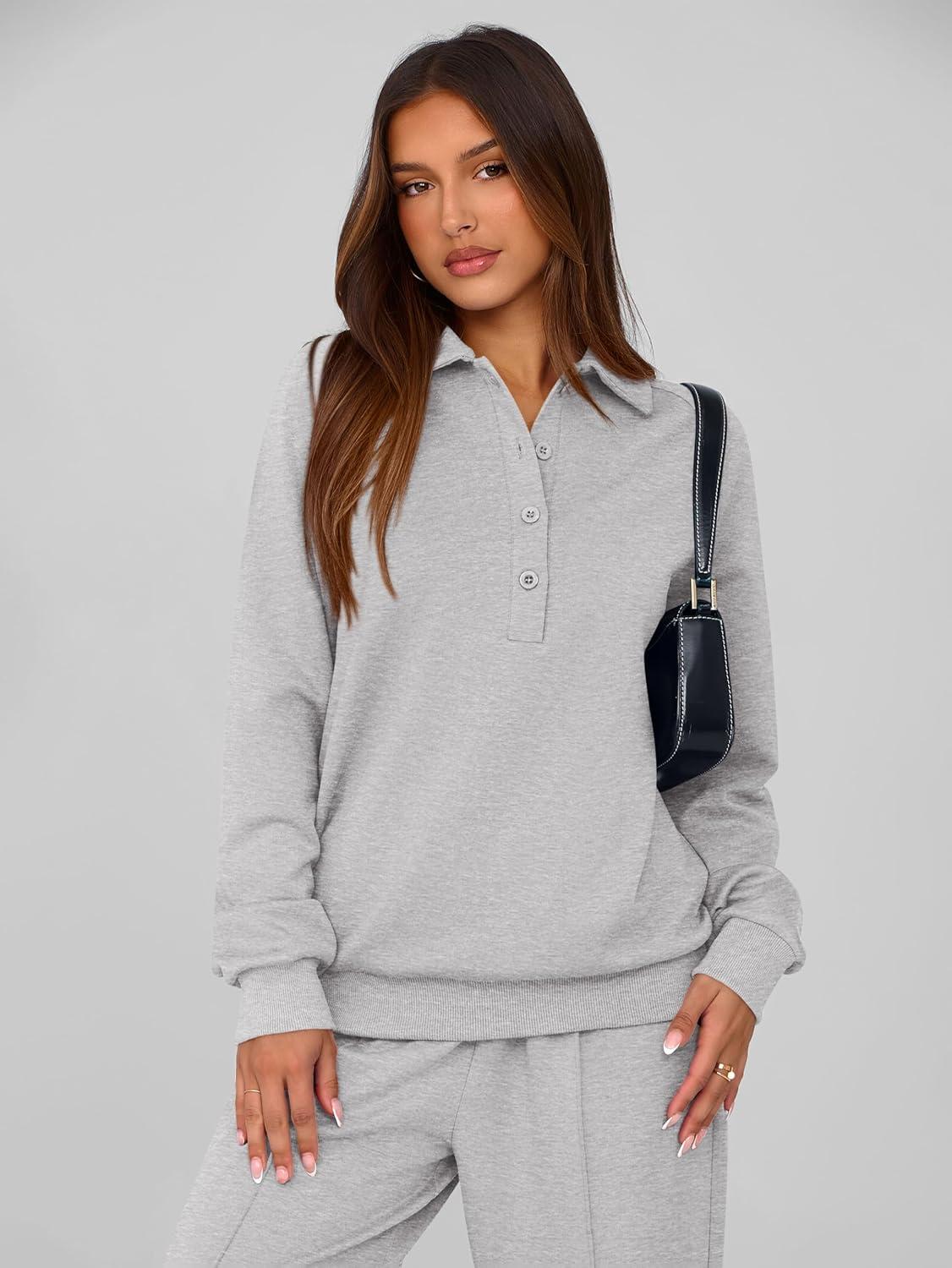 imagePRETTYGARDEN Women Fall 2 Piece Outfits Sweatsuits Quarter Button Long Sleeve Sweatshirt Wide Leg Pants Tracksuit Lounge SetsLight Grey