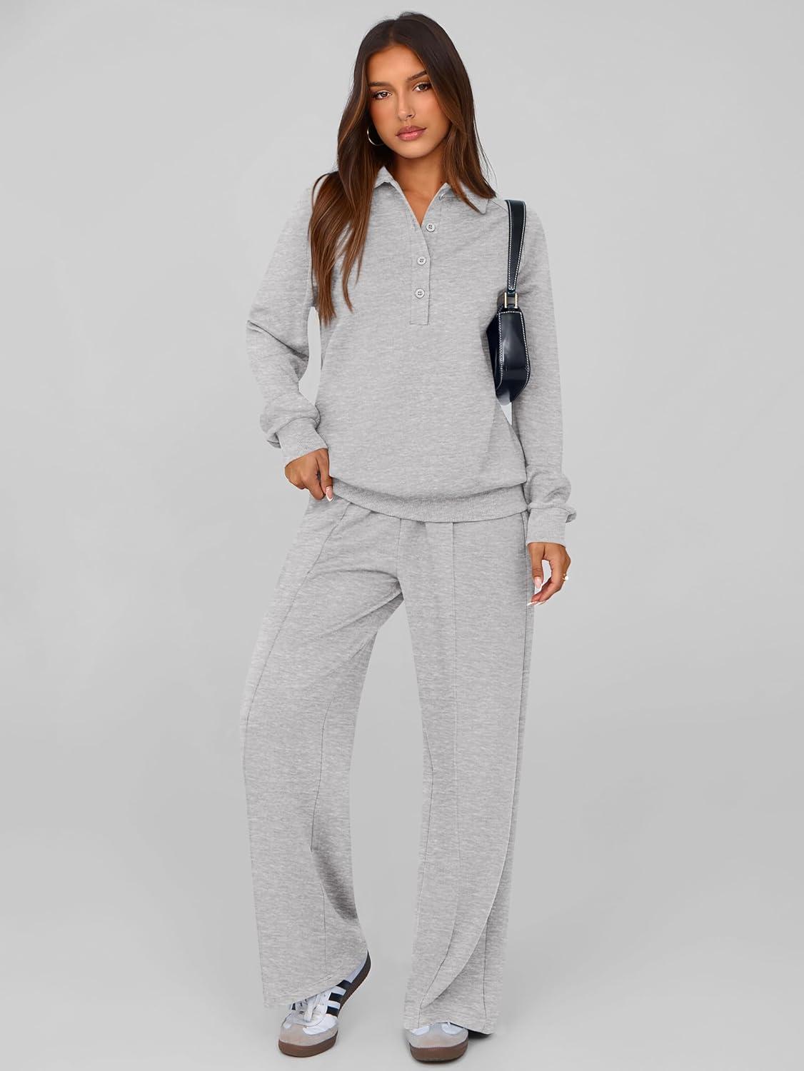 imagePRETTYGARDEN Women Fall 2 Piece Outfits Sweatsuits Quarter Button Long Sleeve Sweatshirt Wide Leg Pants Tracksuit Lounge SetsLight Grey