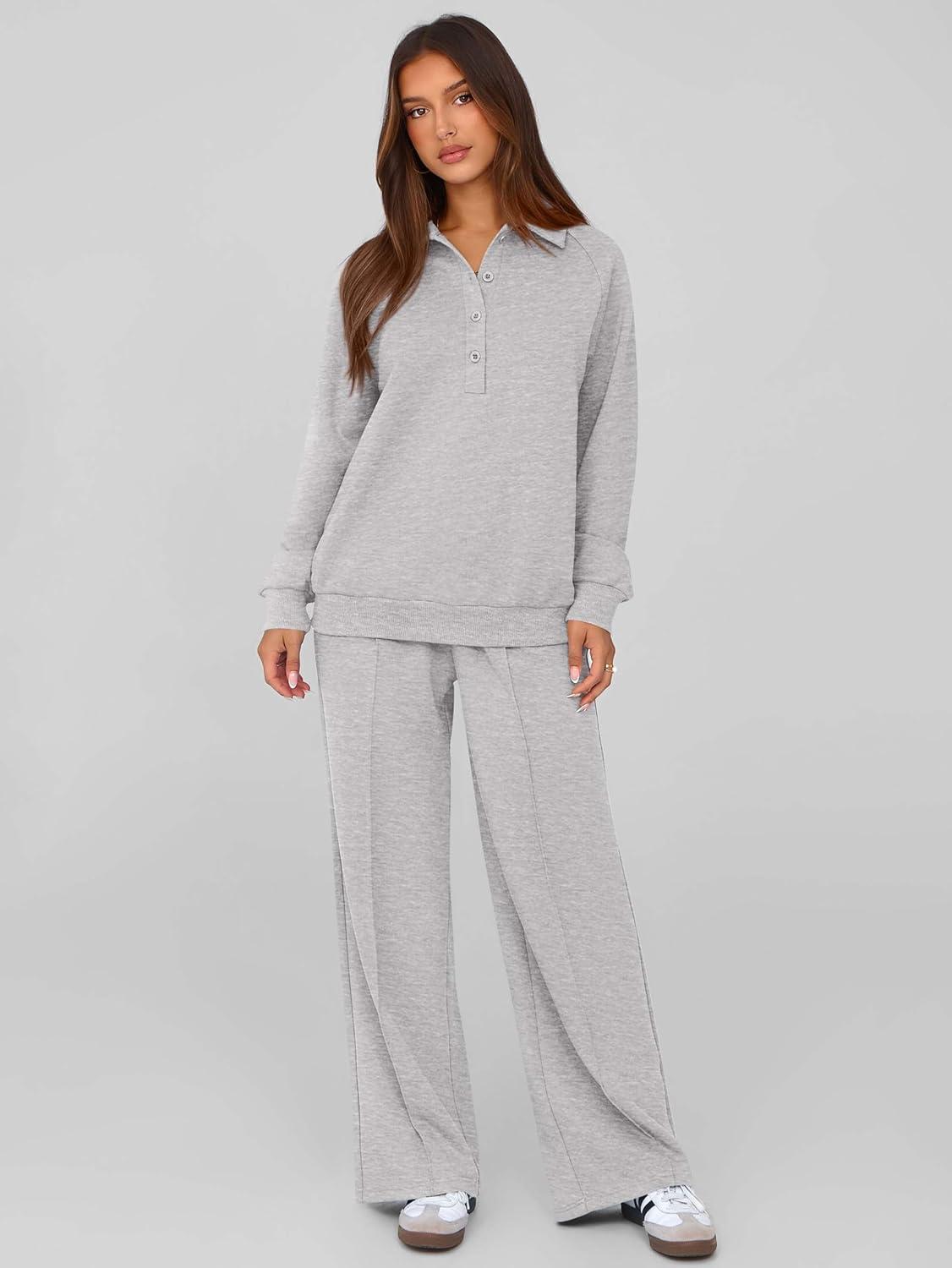 imagePRETTYGARDEN Women Fall 2 Piece Outfits Sweatsuits Quarter Button Long Sleeve Sweatshirt Wide Leg Pants Tracksuit Lounge SetsLight Grey